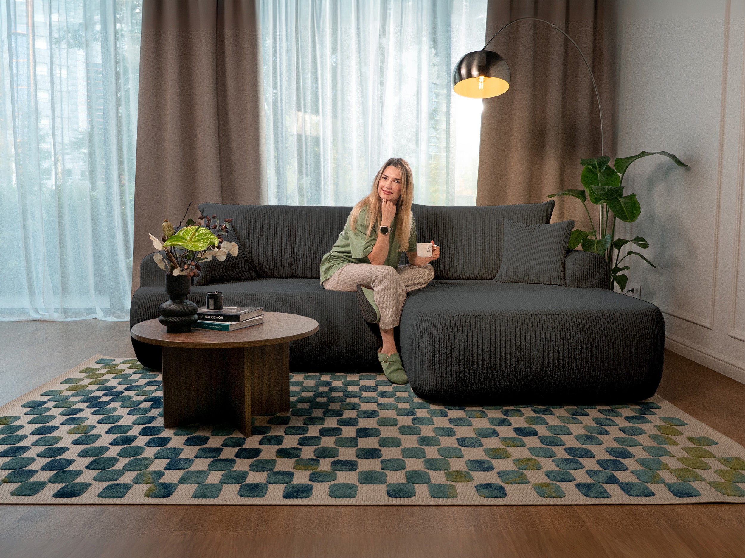 Ovo Cord Ecksofa mit Schlaffunktion, L-Form, rechtsseitig, mit Stauraum, dunkelgrauer Cordstoff