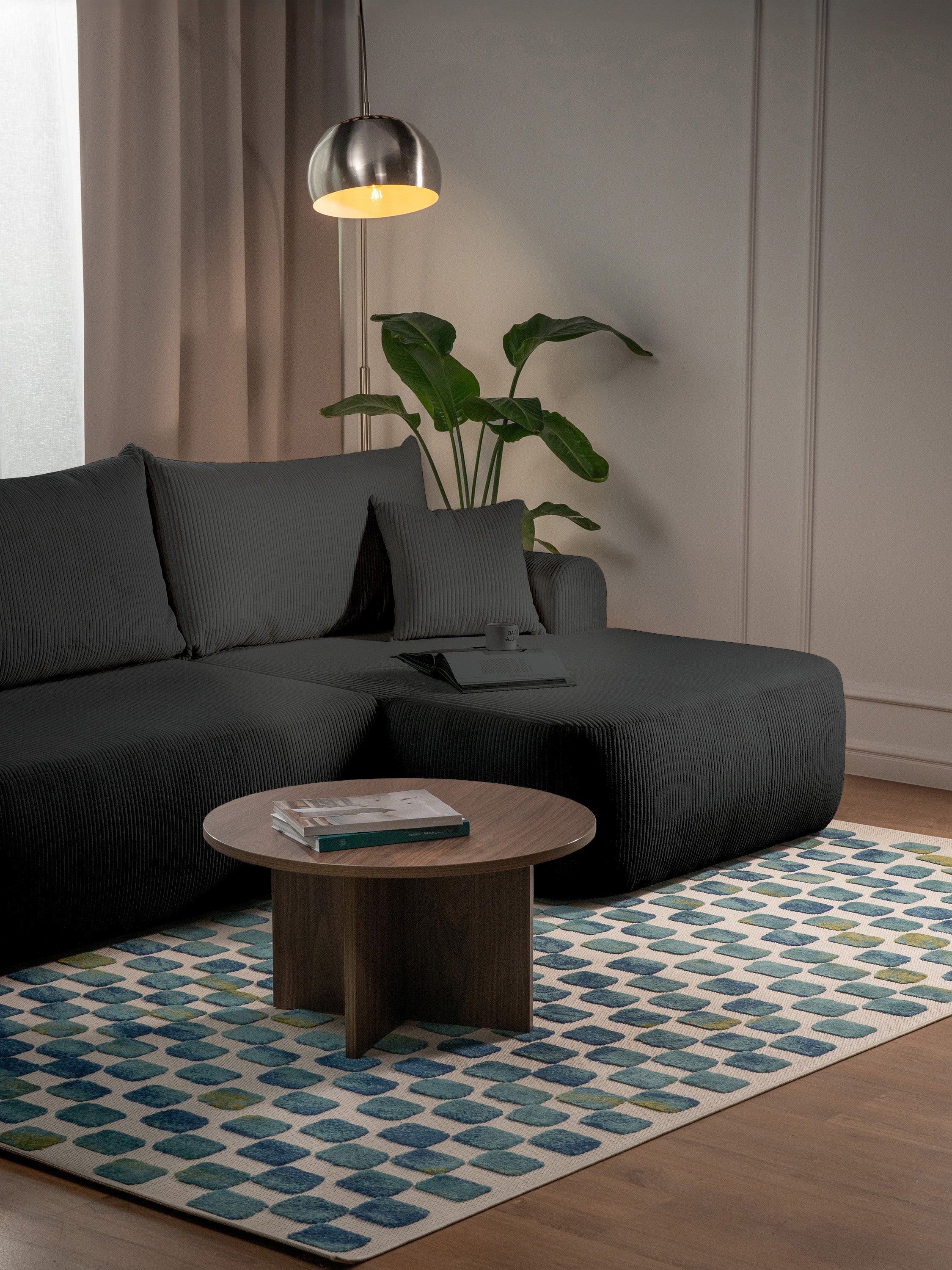 Ovo Cord Ecksofa mit Schlaffunktion, L-Form, rechtsseitig, mit Stauraum, dunkelgrauer Cordstoff