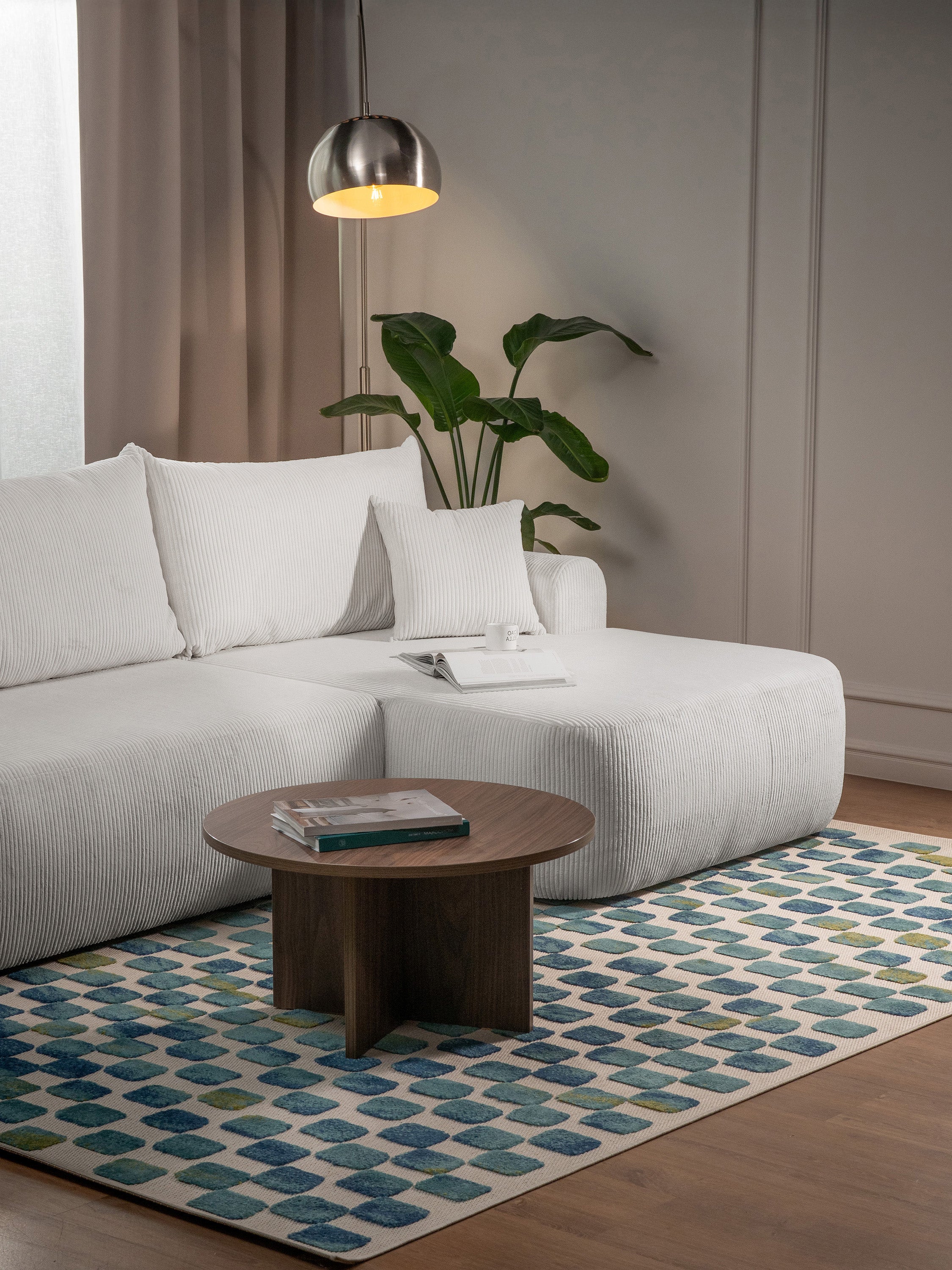 Ecksofa mit Schlaffunktion Ovo Cord, L-förmig, rechtsseitig, mit Stauraum, weißer Cordstoff