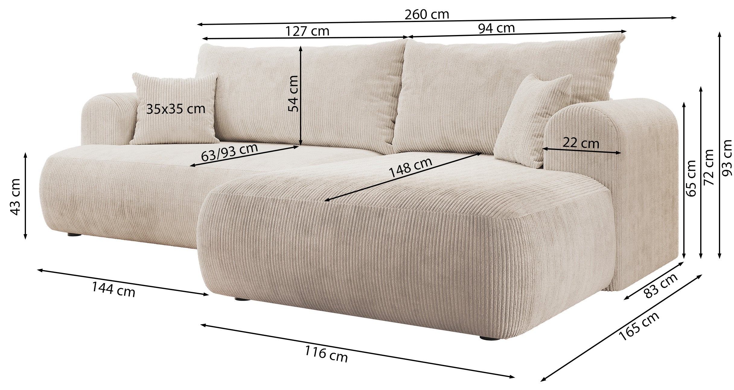 Ecksofa mit Schlaffunktion Ovo Cord, L-förmig, linksseitig, mit Stauraum, hellgrauer Cordstoff