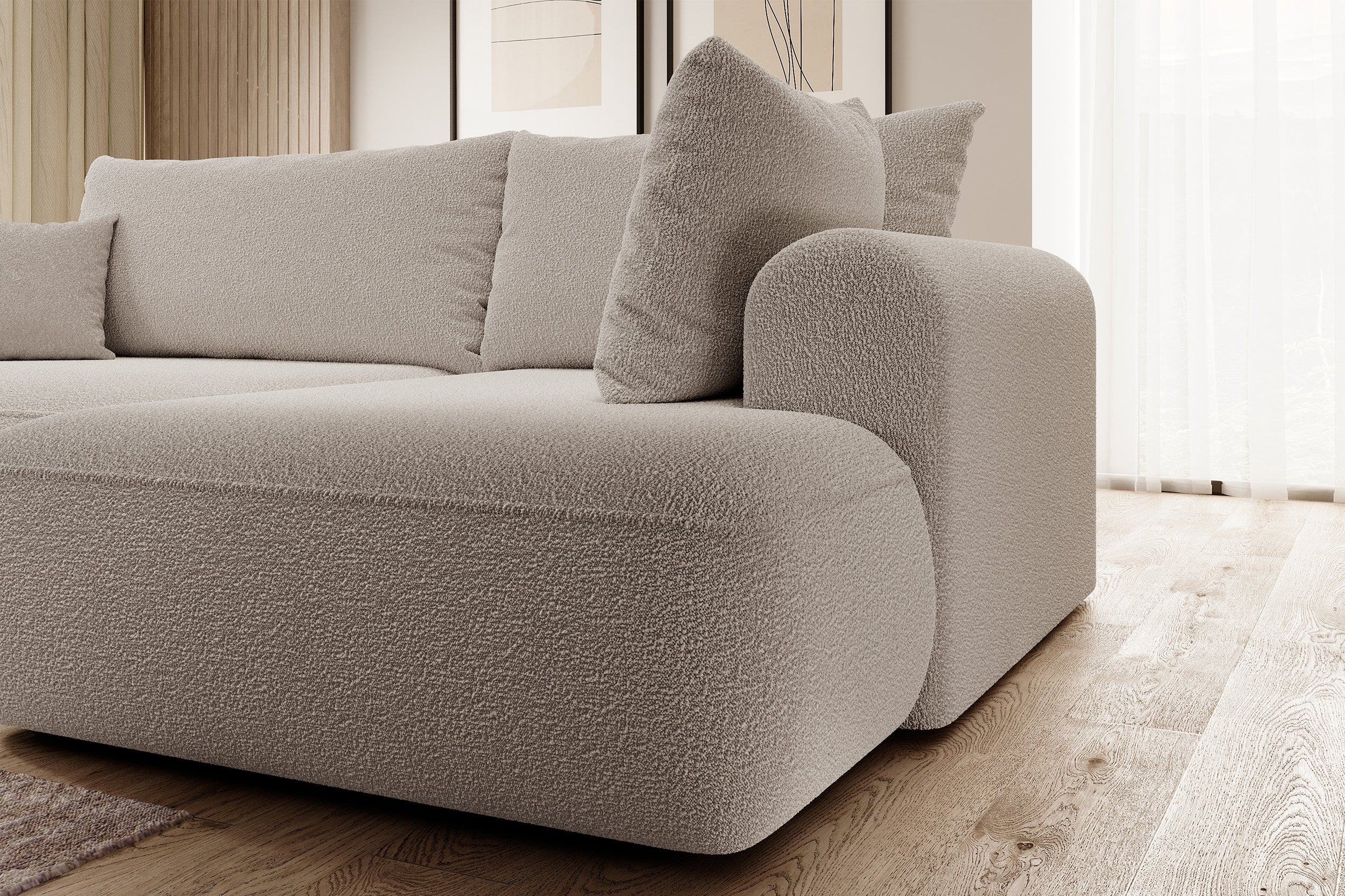Ecksofa mit Schlaffunktion Ovo, L-förmig, mit Armlehne und Stauraum, dunkelbeiges Bouclé, rechtsseitig
