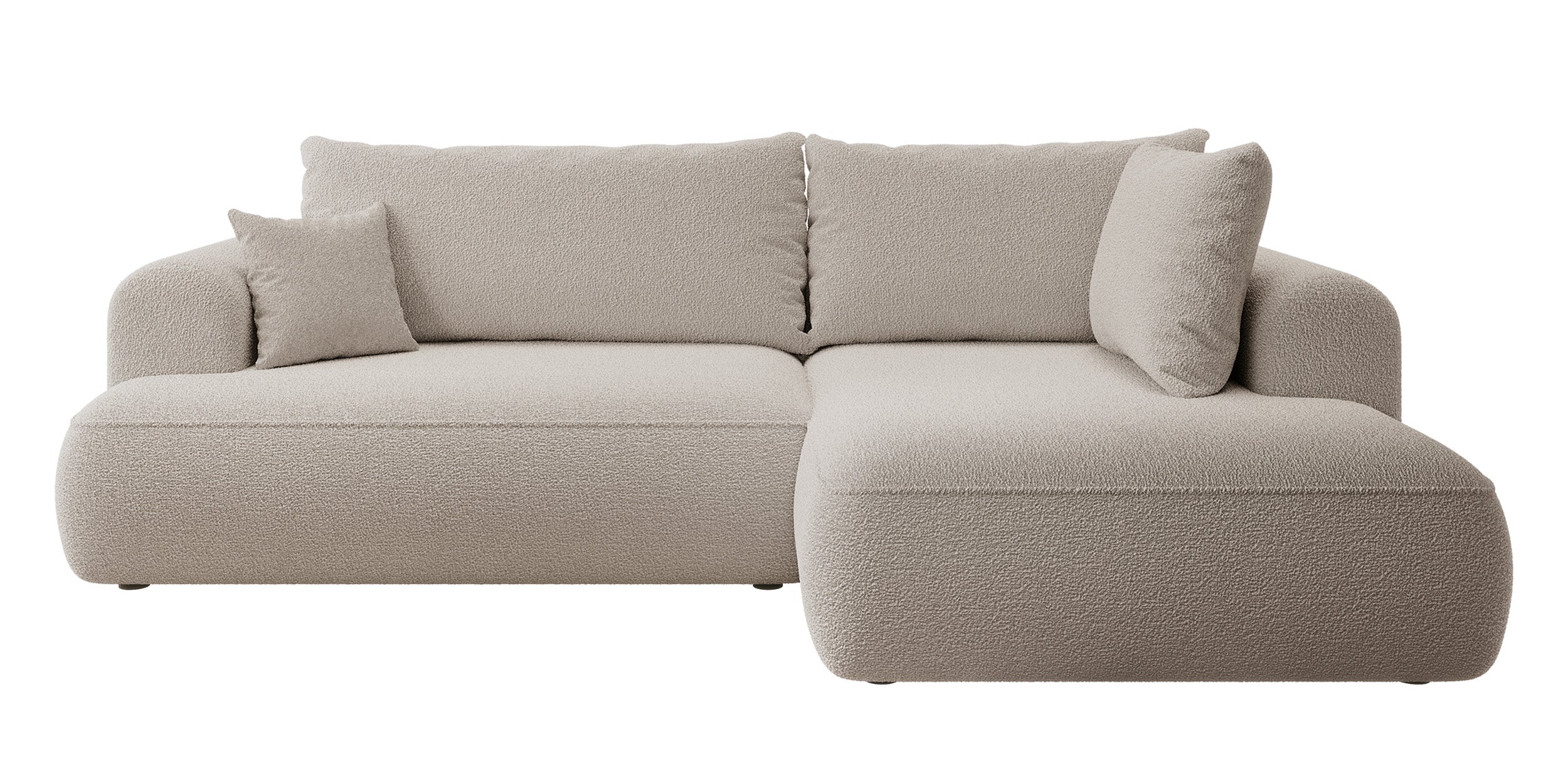 Ecksofa mit Schlaffunktion Ovo, L-förmig, mit Armlehne und Stauraum, dunkelbeiges Bouclé, rechtsseitig