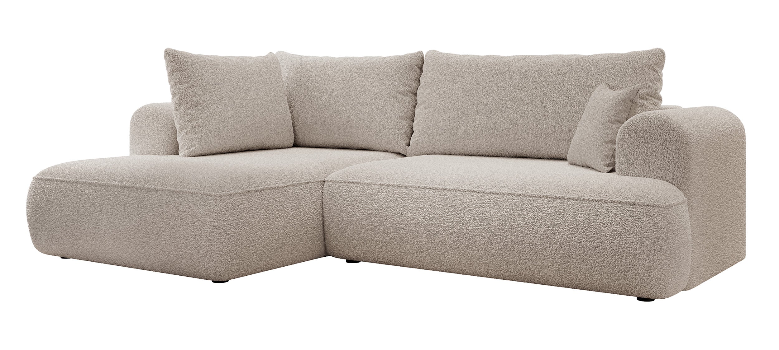 Ecksofa mit Schlaffunktion Ovo, L-förmig, mit Armlehne und Stauraum, dunkelbeige Bouclé, linksseitig
