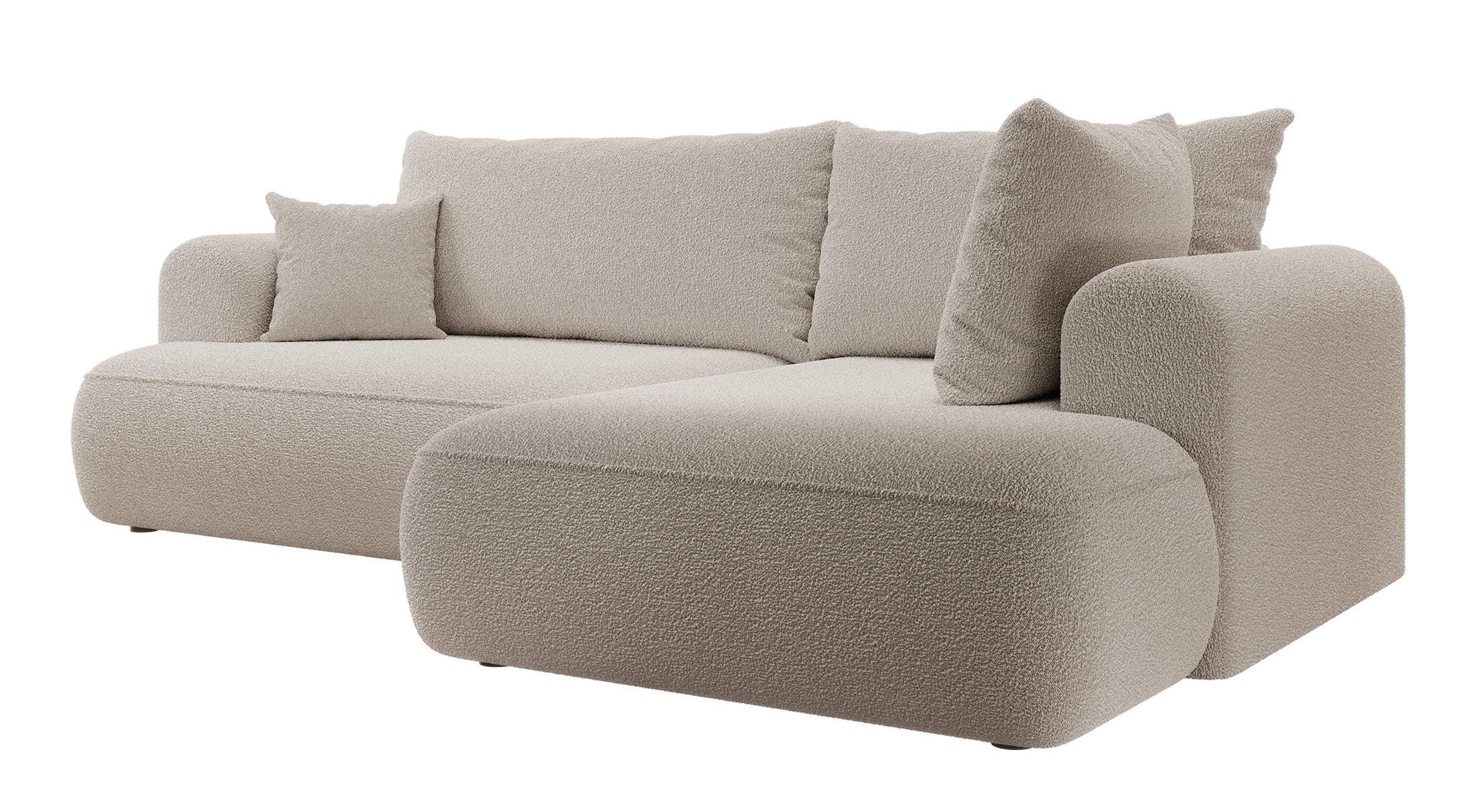 Ecksofa mit Schlaffunktion Ovo, L-förmig, mit Armlehne und Stauraum, dunkelbeiges Bouclé, rechtsseitig