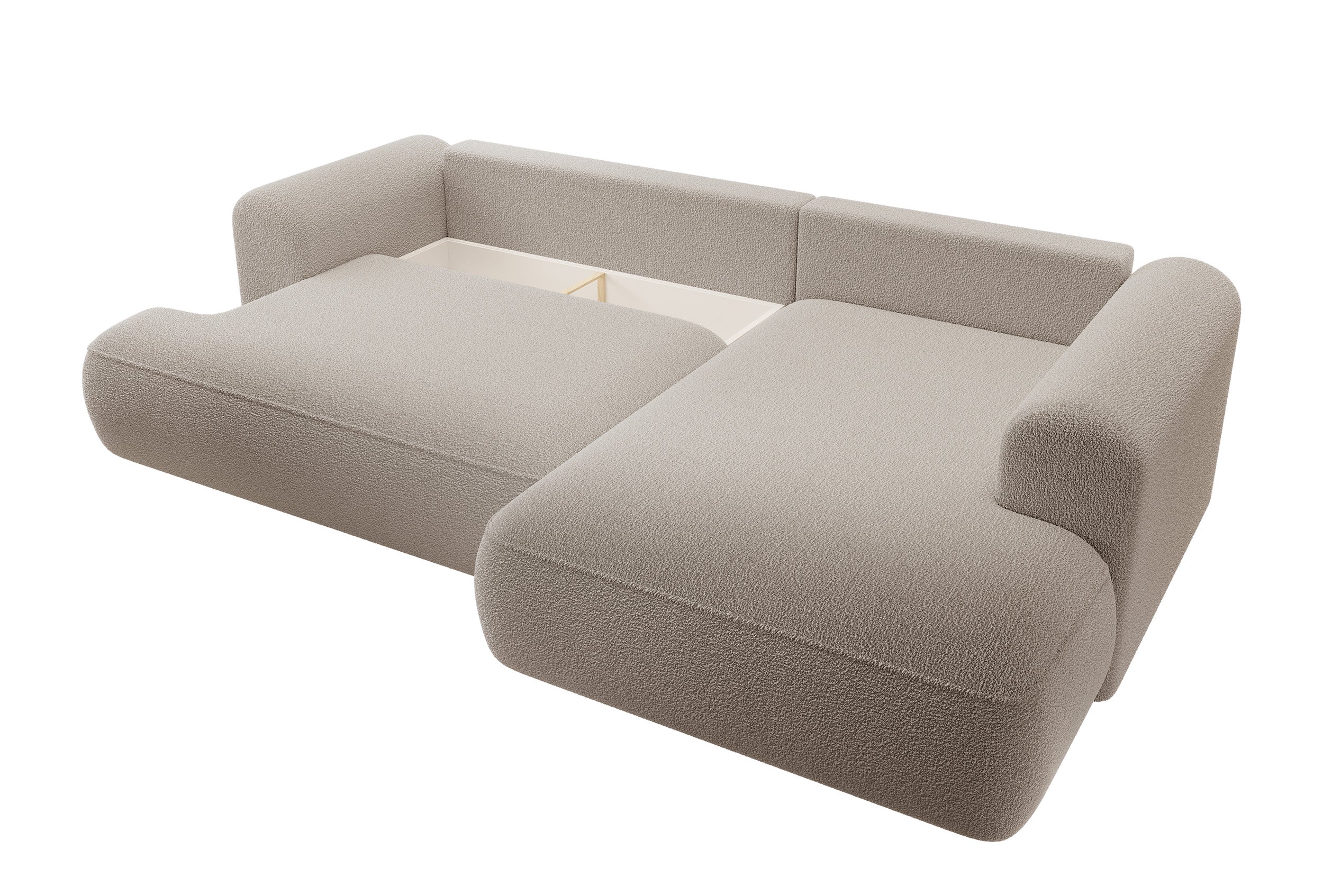 Ecksofa mit Schlaffunktion Ovo, L-förmig, mit Armlehne und Stauraum, dunkelbeiges Bouclé, rechtsseitig