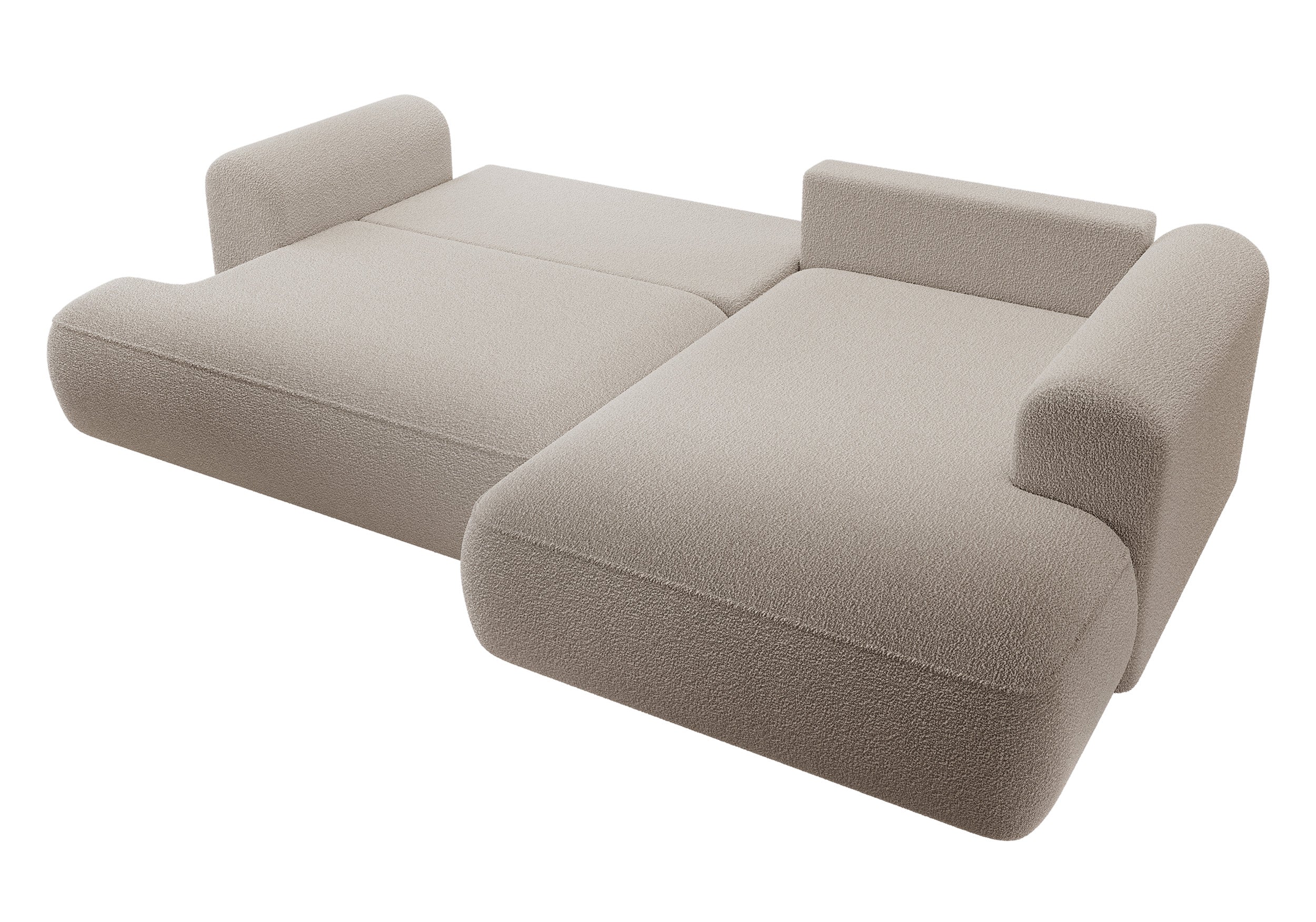 Ecksofa mit Schlaffunktion Ovo, L-förmig, mit Armlehne und Stauraum, dunkelbeiges Bouclé, rechtsseitig