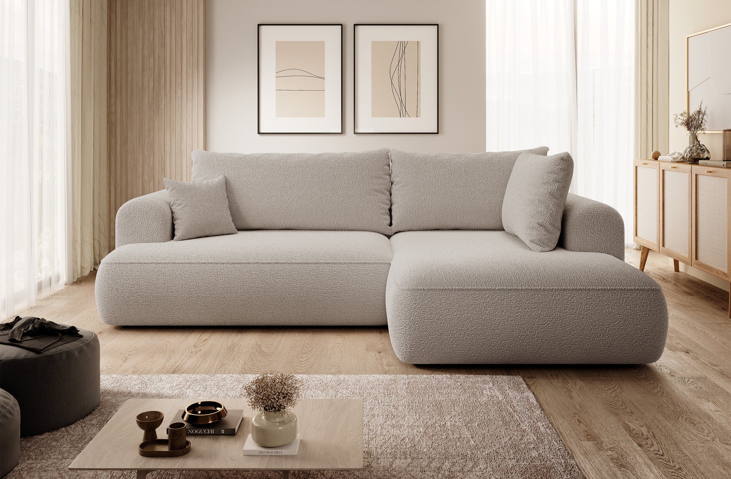 Ecksofa mit Schlaffunktion Ovo, L-förmig, mit Armlehne und Stauraum, dunkelbeiges Bouclé, rechtsseitig
