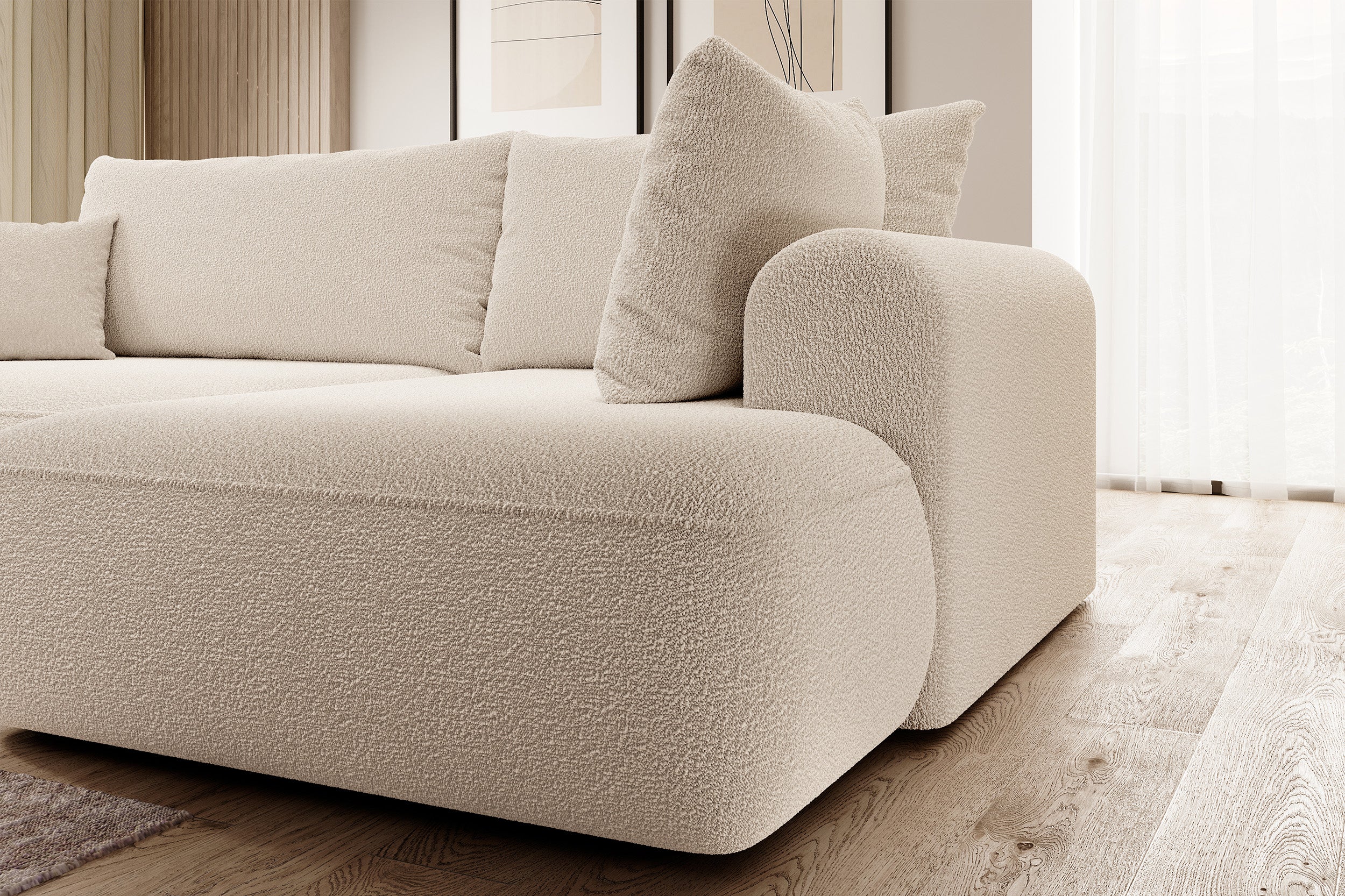 Ecksofa mit Schlaffunktion Ovo, L-förmig, mit Armlehne und Stauraum, beige Bouclé, rechtsseitig