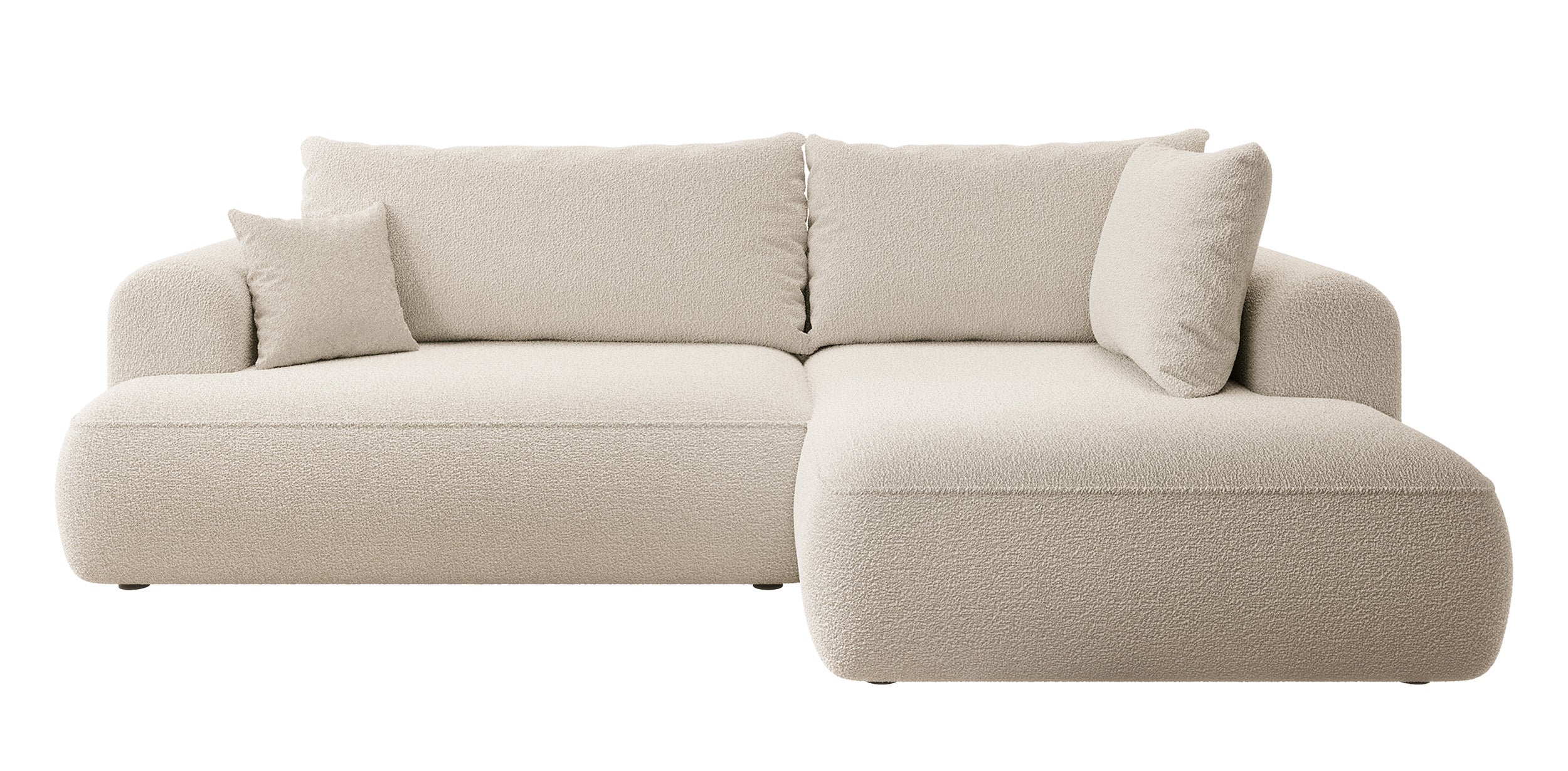 Ecksofa mit Schlaffunktion Ovo, L-förmig, mit Armlehne und Stauraum, beige Bouclé, rechtsseitig