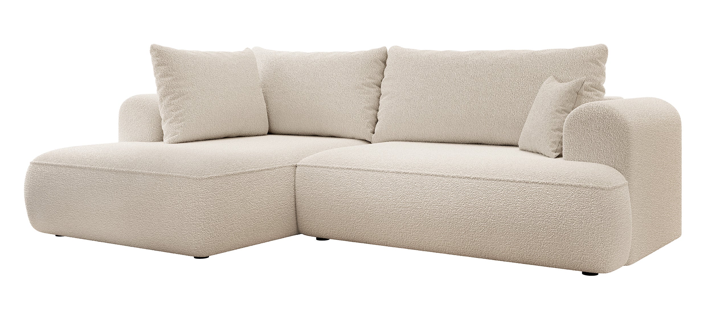 Ecksofa mit Schlaffunktion Ovo, L-förmig, mit Armlehne und Stauraum, beige Bouclé, linksseitig