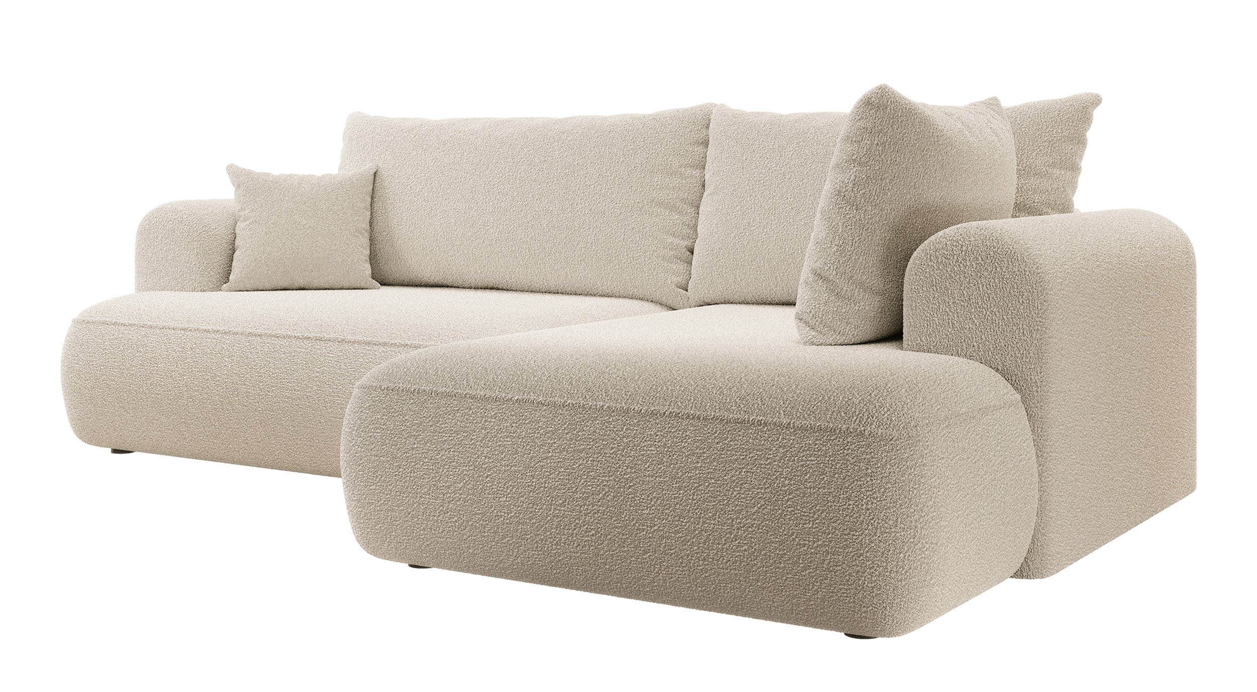 Ecksofa mit Schlaffunktion Ovo, L-förmig, mit Armlehne und Stauraum, beige Bouclé, rechtsseitig