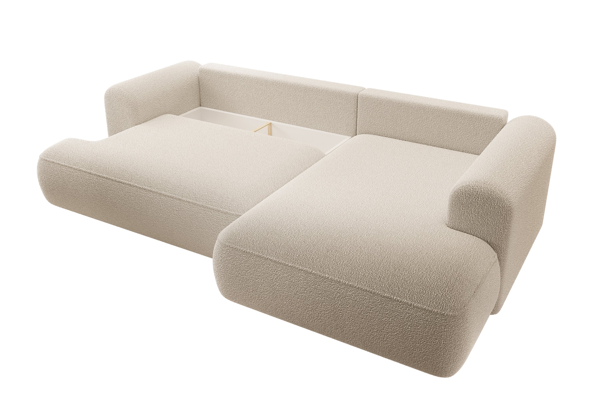 Ecksofa mit Schlaffunktion Ovo, L-förmig, mit Armlehne und Stauraum, beige Bouclé, rechtsseitig