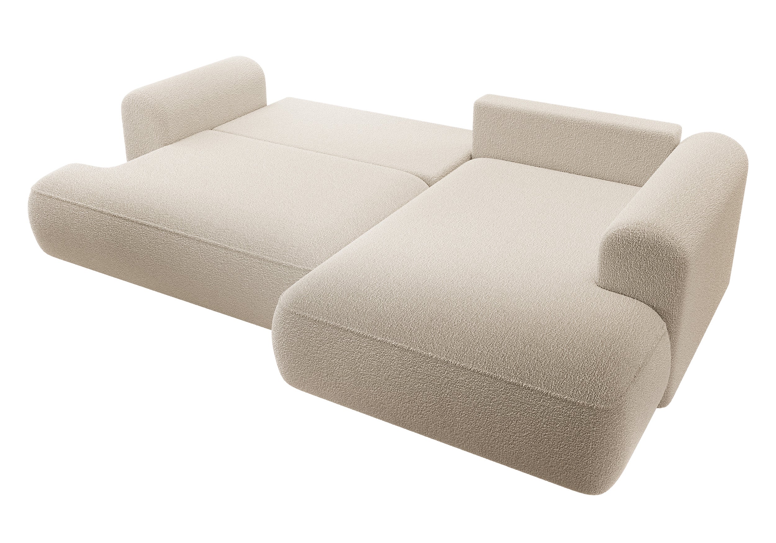 Ecksofa mit Schlaffunktion Ovo, L-förmig, mit Armlehne und Stauraum, beige Bouclé, rechtsseitig