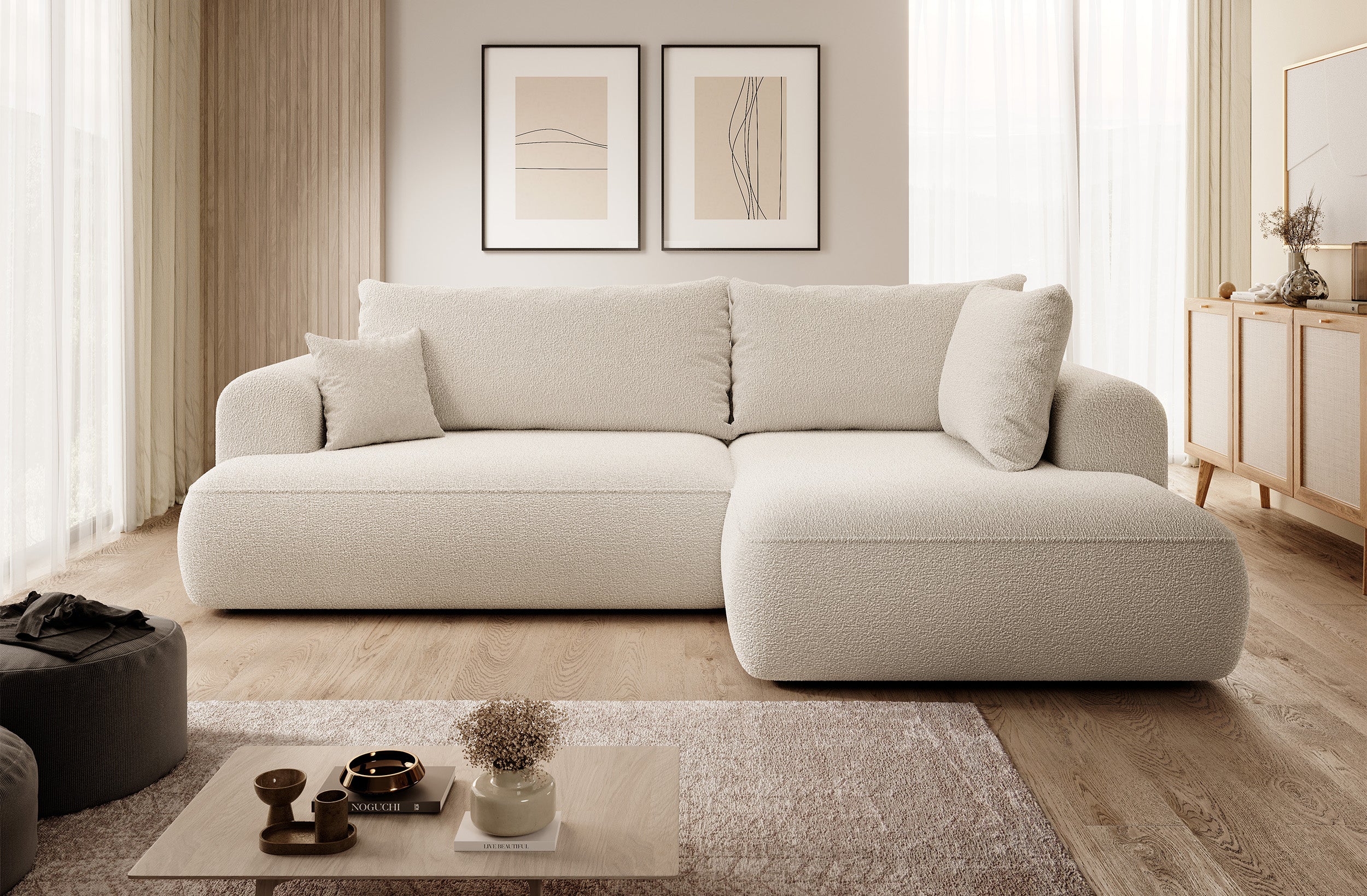 Ecksofa mit Schlaffunktion Ovo, L-förmig, mit Armlehne und Stauraum, beige Bouclé, rechtsseitig