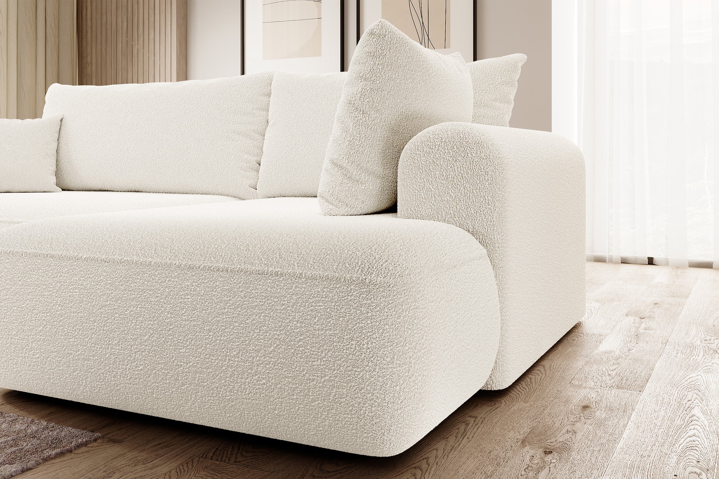 Ecksofa mit Schlaffunktion Ovo, L-förmig, mit Armlehne und Stauraum, cremefarbenes Bouclé, rechtsseitig