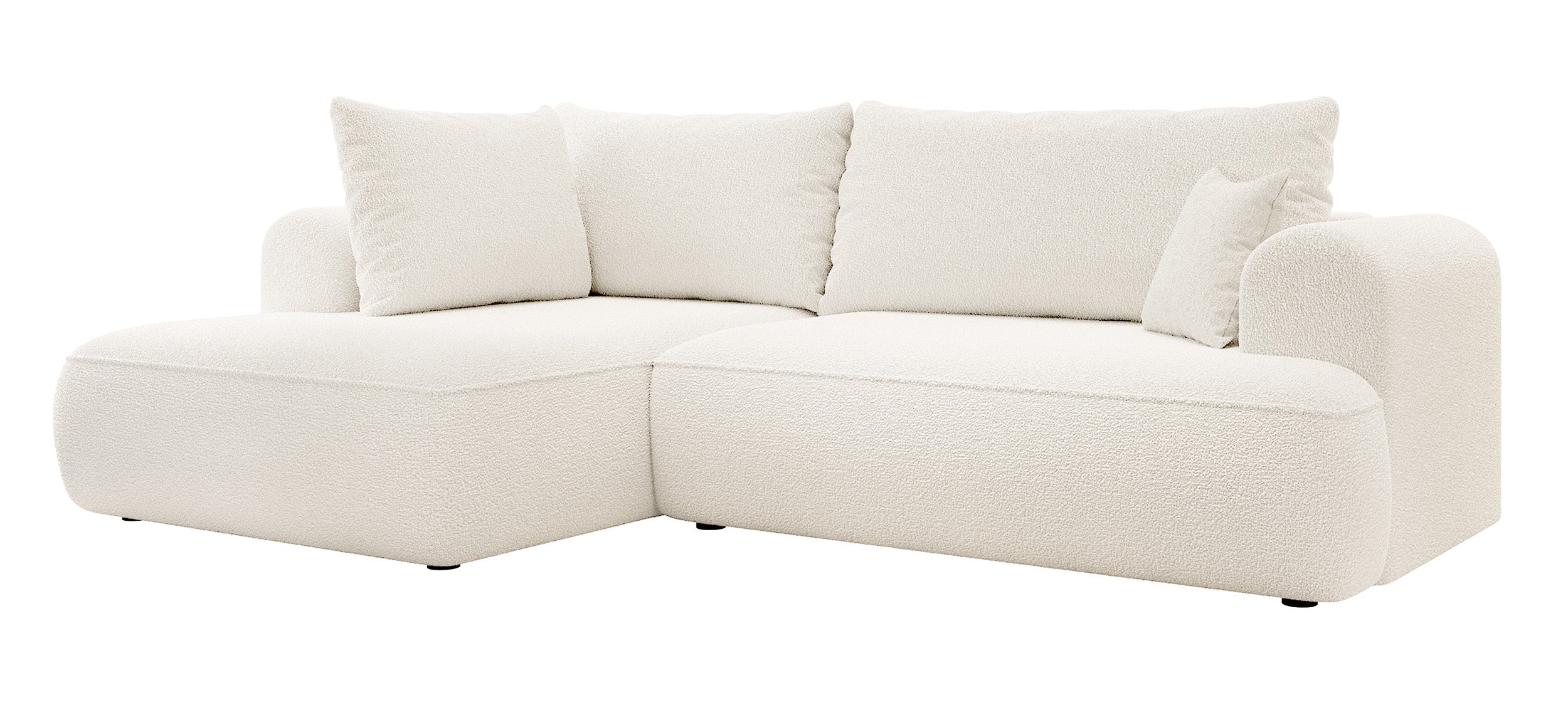 Ecksofa mit Schlaffunktion Ovo, L-förmig, mit Armlehne und Stauraum, cremefarbener Bouclé-Stoff, linksseitig