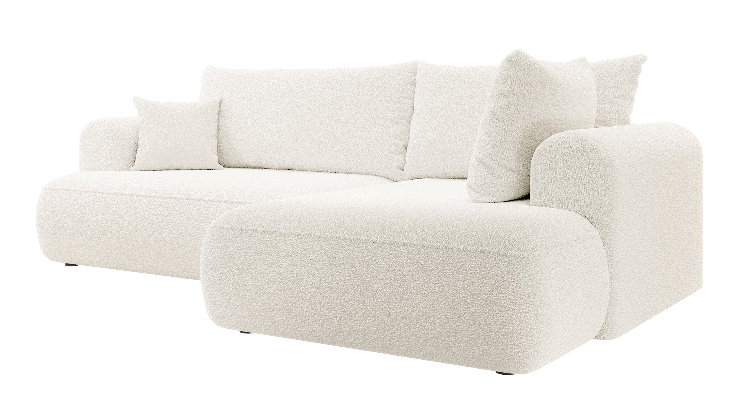 Ecksofa mit Schlaffunktion Ovo, L-förmig, mit Armlehne und Stauraum, cremefarbenes Bouclé, rechtsseitig