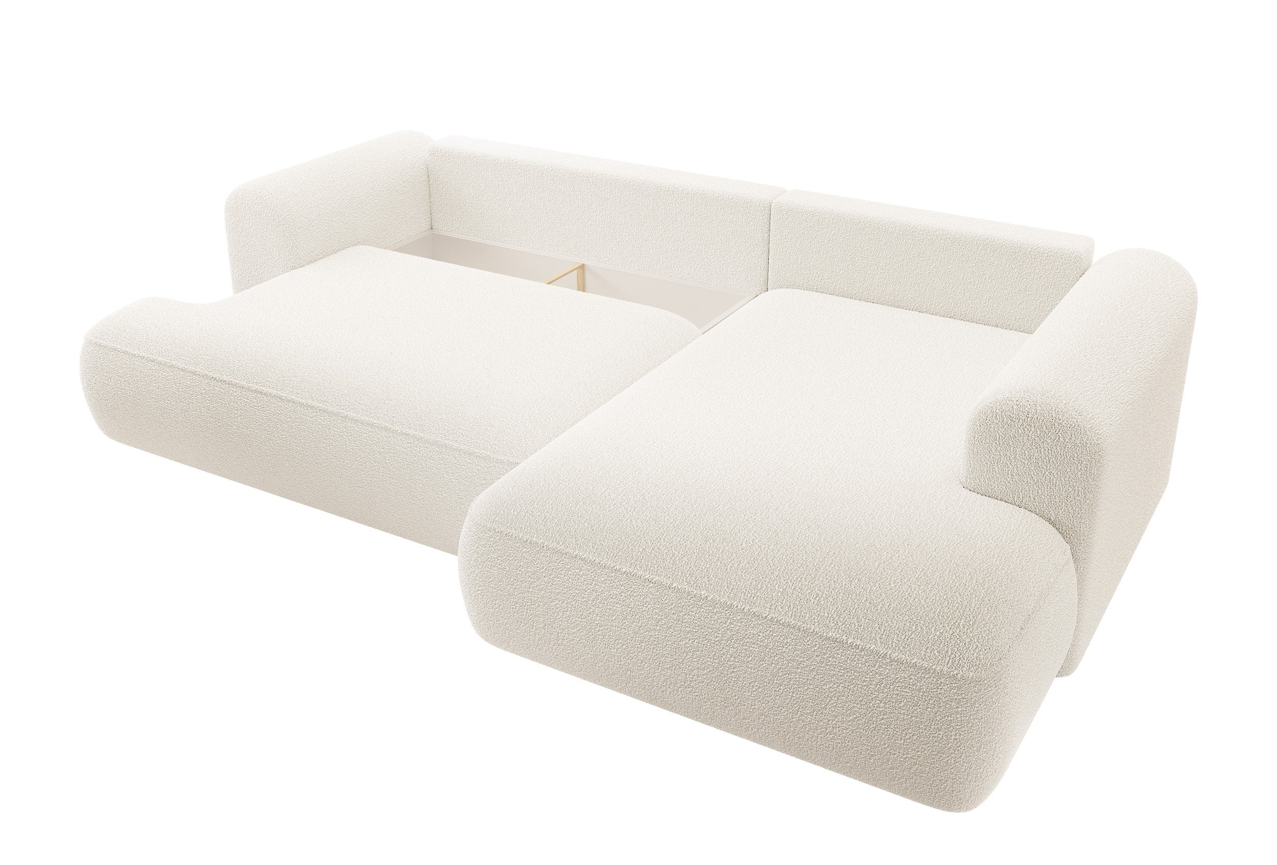 Ecksofa mit Schlaffunktion Ovo, L-förmig, mit Armlehne und Stauraum, cremefarbenes Bouclé, rechtsseitig
