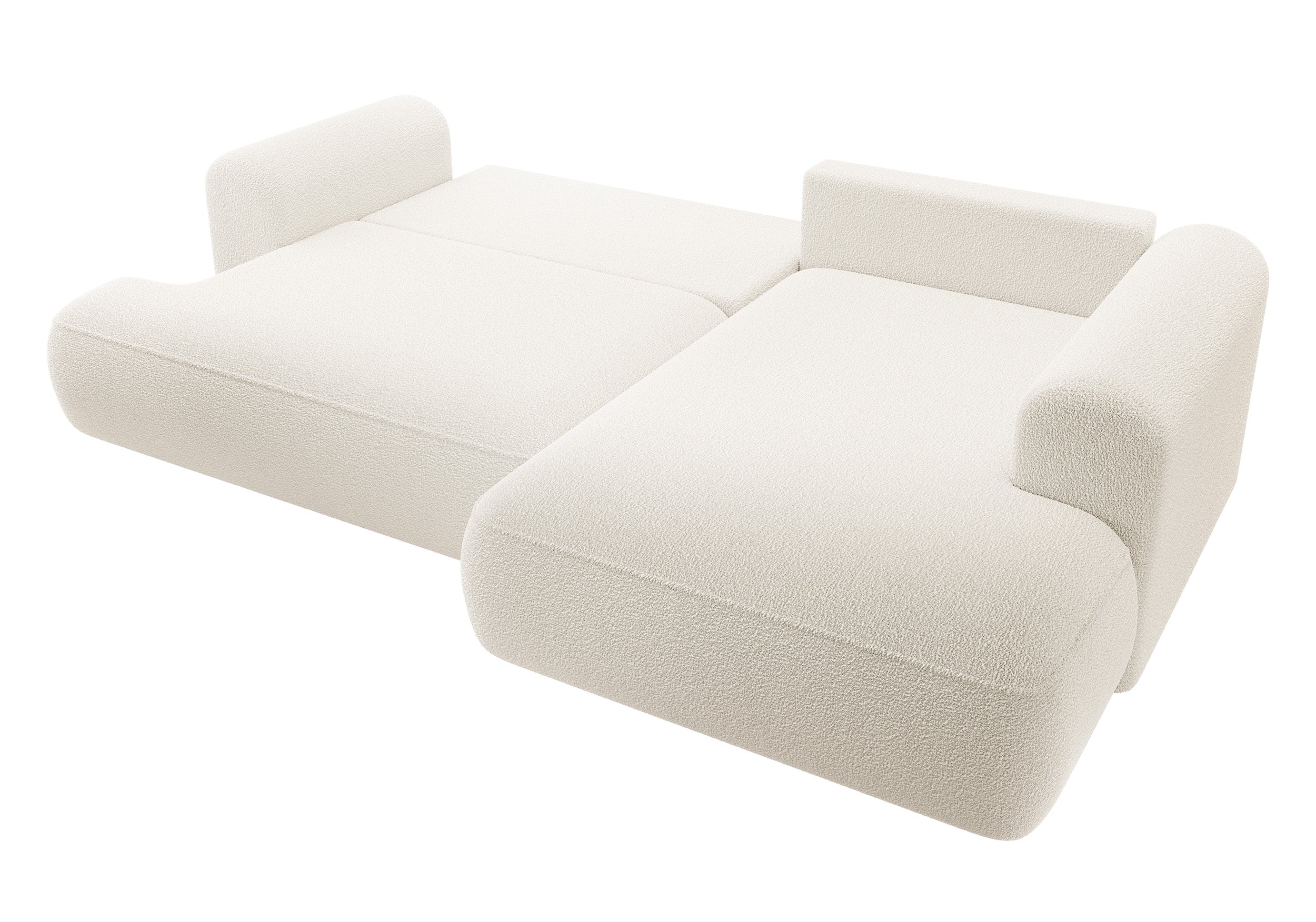 Ecksofa mit Schlaffunktion Ovo, L-förmig, mit Armlehne und Stauraum, cremefarbenes Bouclé, rechtsseitig