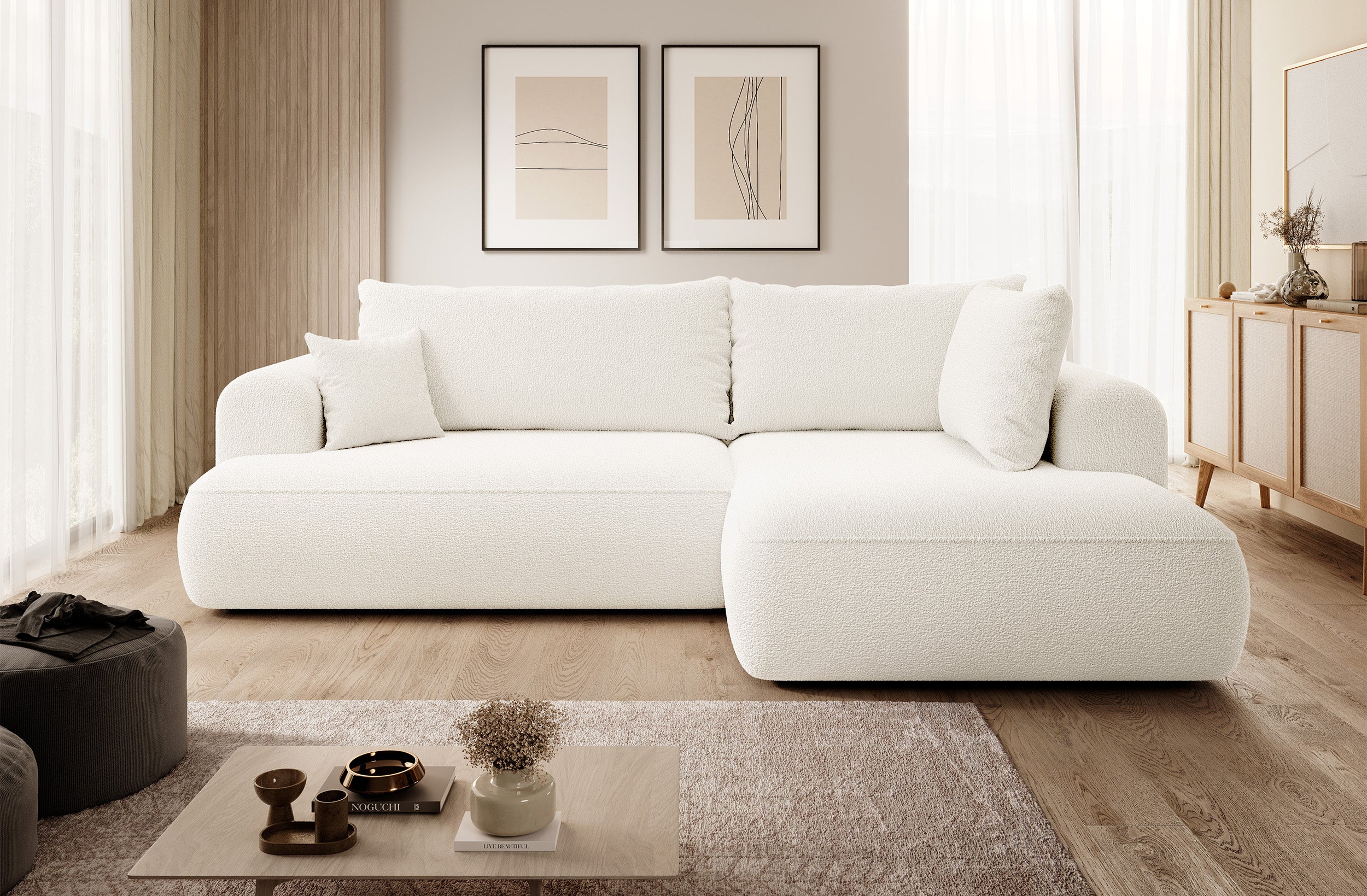 Ecksofa mit Schlaffunktion Ovo, L-förmig, mit Armlehne und Stauraum, cremefarbenes Bouclé, rechtsseitig