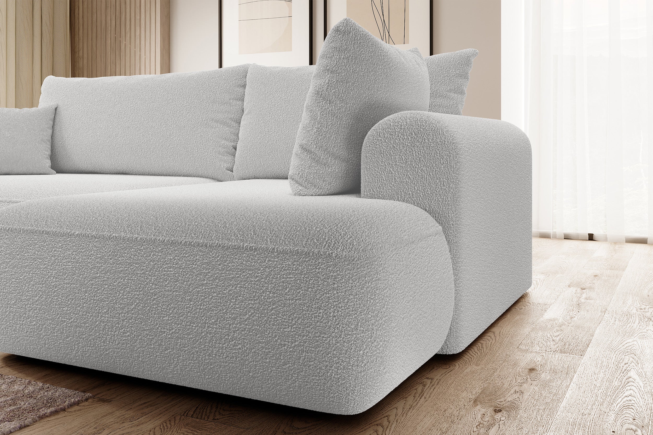 Ecksofa mit Schlaffunktion Ovo, L-förmig, mit Armlehne und Stauraum, grauer Bouclé, rechtsseitig