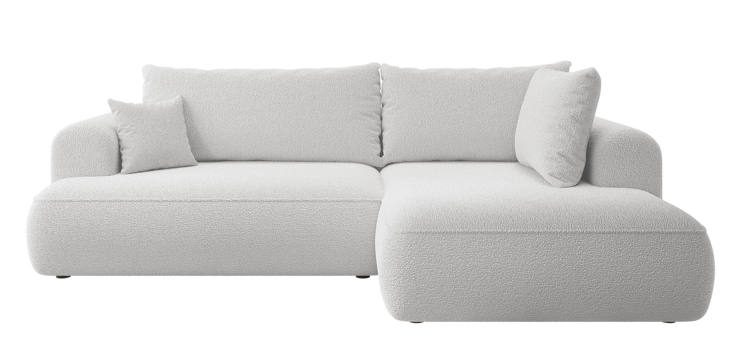 Ecksofa mit Schlaffunktion Ovo, L-förmig, mit Armlehne und Stauraum, grauer Bouclé, rechtsseitig