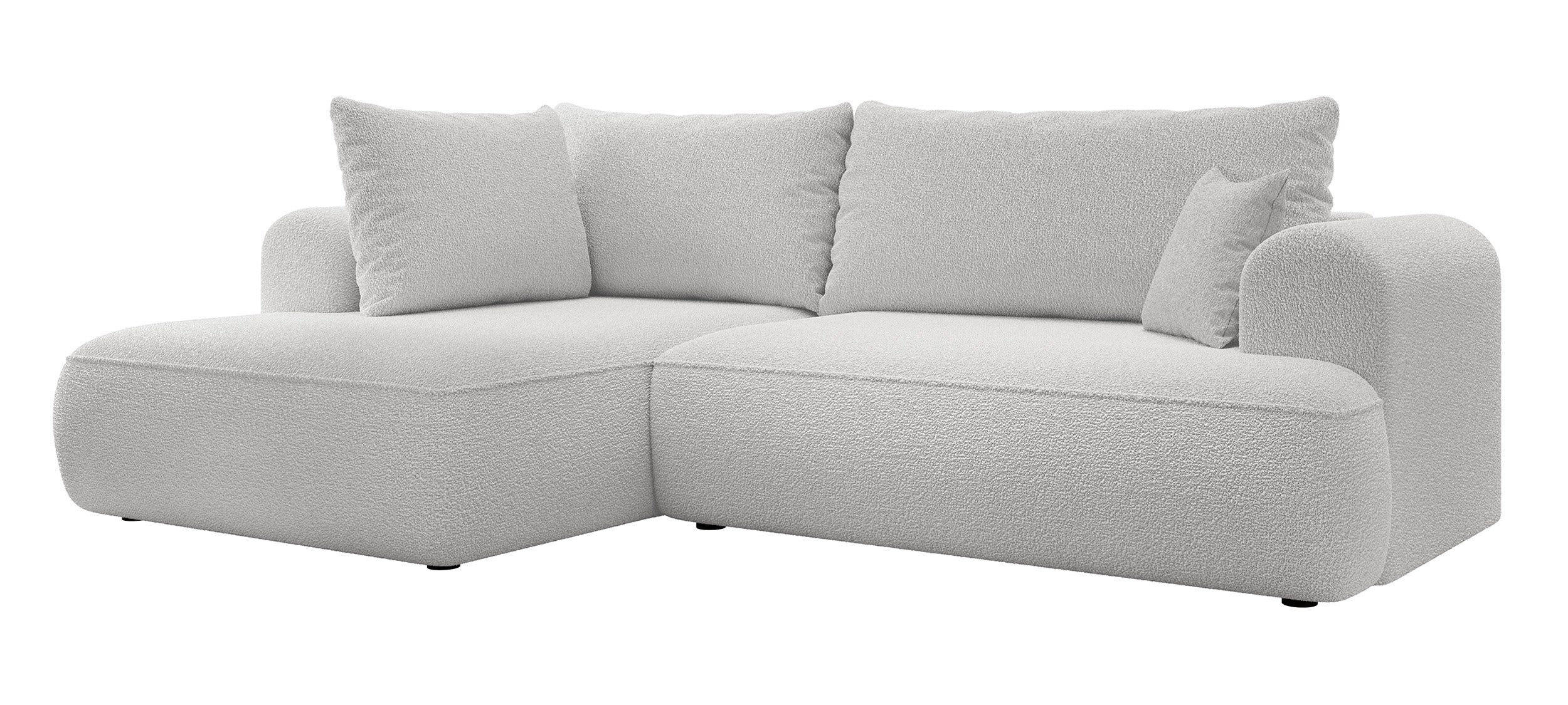 Ecksofa mit Schlaffunktion Ovo, L-förmig, mit Armlehne und Stauraum, grauer Bouclé, linksseitig