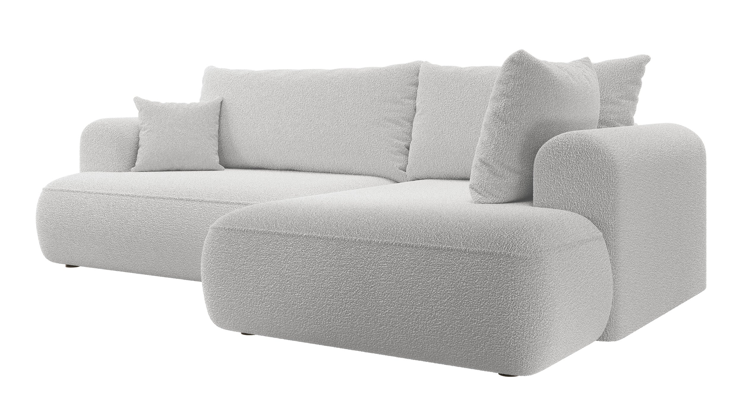Ecksofa mit Schlaffunktion Ovo, L-förmig, mit Armlehne und Stauraum, grauer Bouclé, rechtsseitig