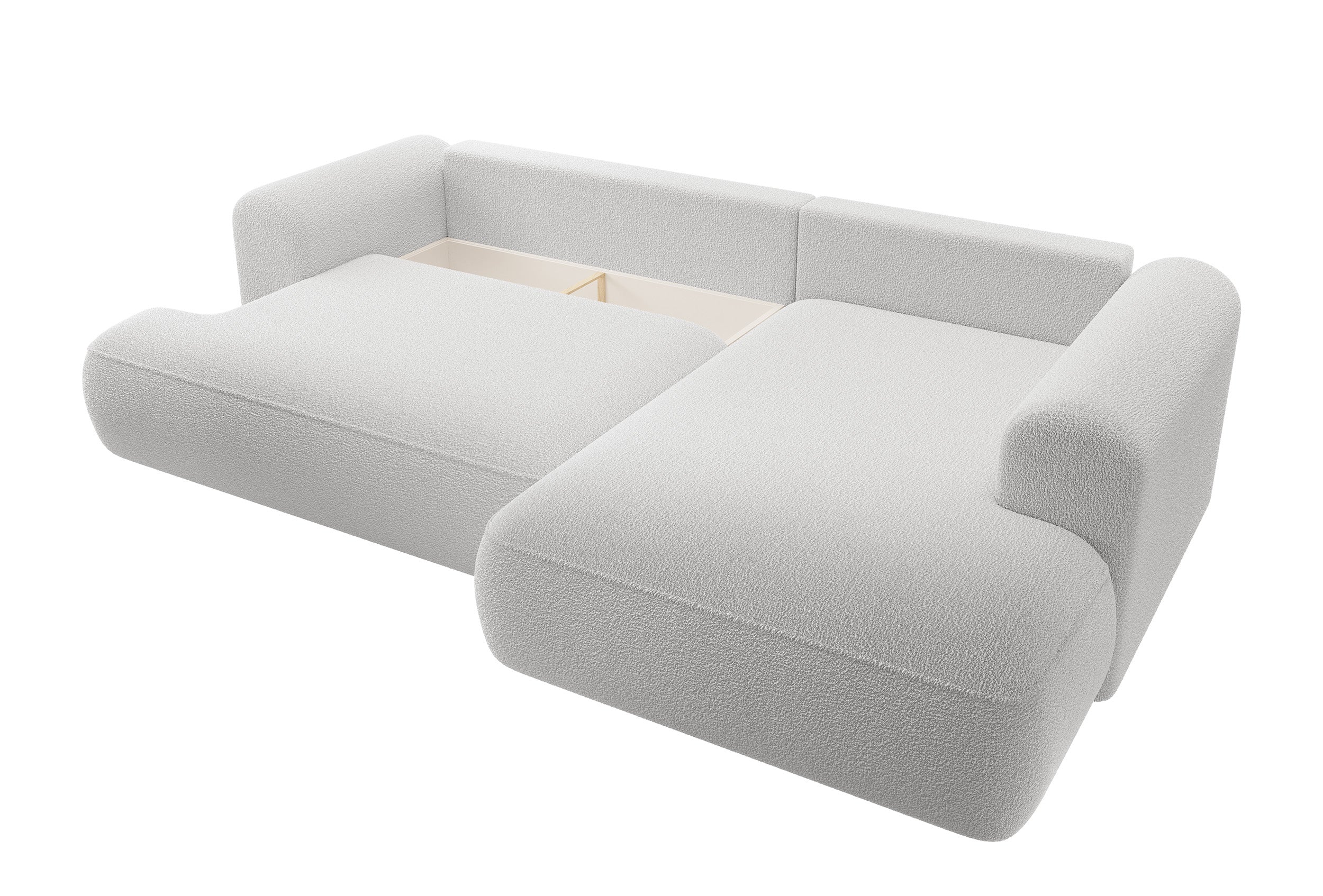 Ecksofa mit Schlaffunktion Ovo, L-förmig, mit Armlehne und Stauraum, grauer Bouclé, rechtsseitig
