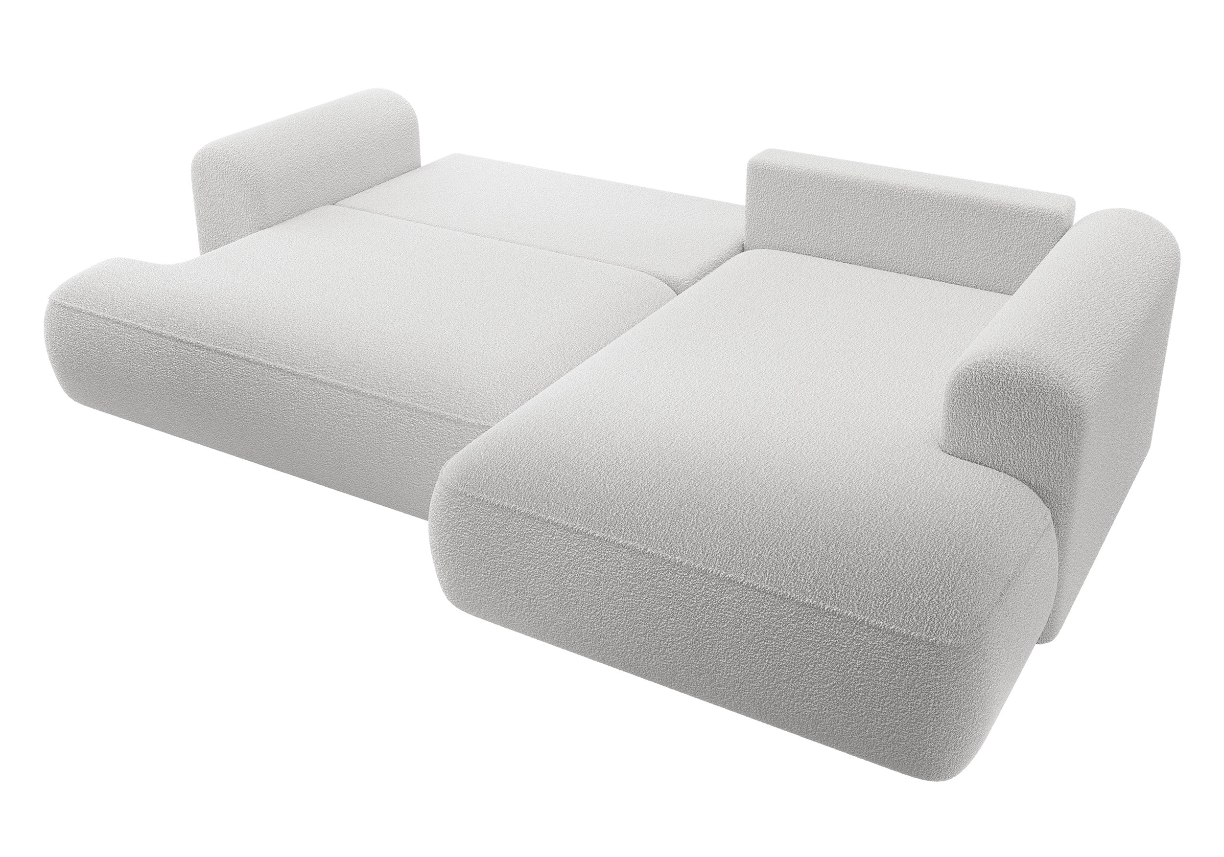 Ecksofa mit Schlaffunktion Ovo, L-förmig, mit Armlehne und Stauraum, grauer Bouclé, rechtsseitig
