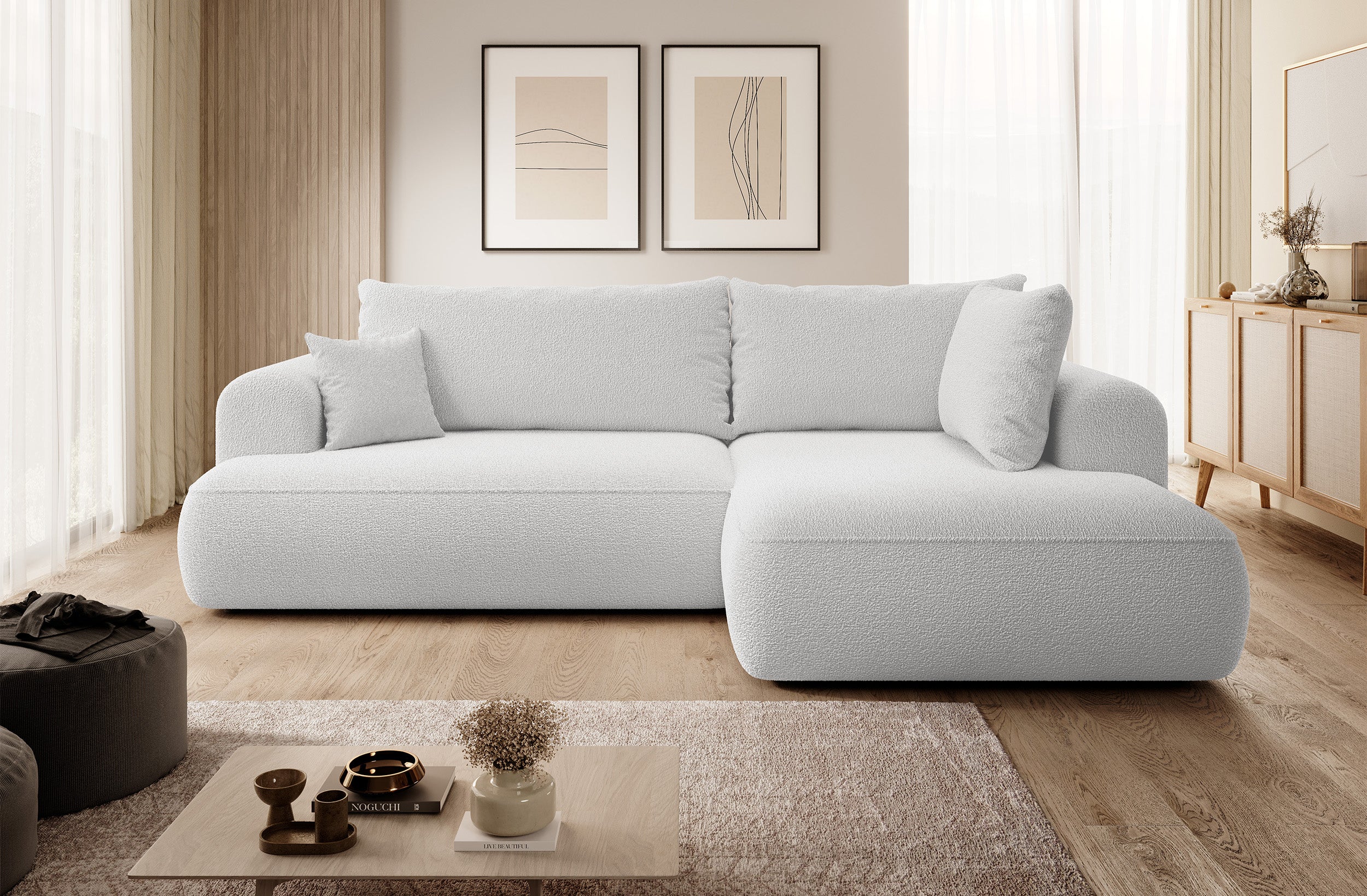 Ecksofa mit Schlaffunktion Ovo, L-förmig, mit Armlehne und Stauraum, grauer Bouclé, rechtsseitig