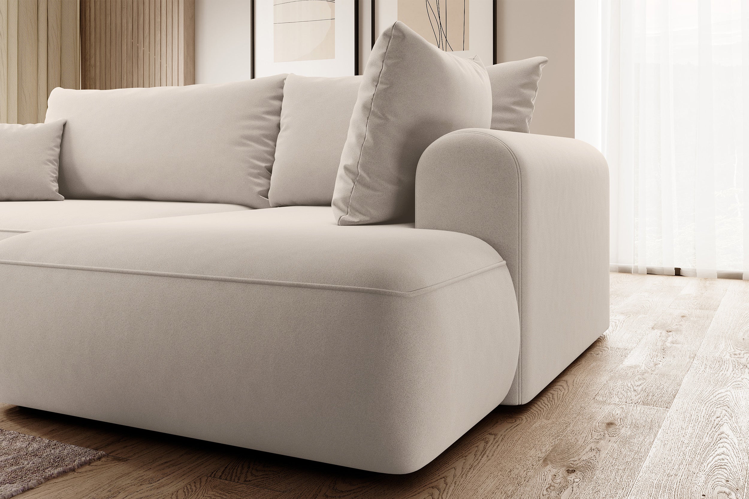 Ecksofa mit Schlaffunktion Ovo, L-förmig, mit Armlehne und Stauraum, hellbeiger, pflegeleichter Velours, rechtsseitig