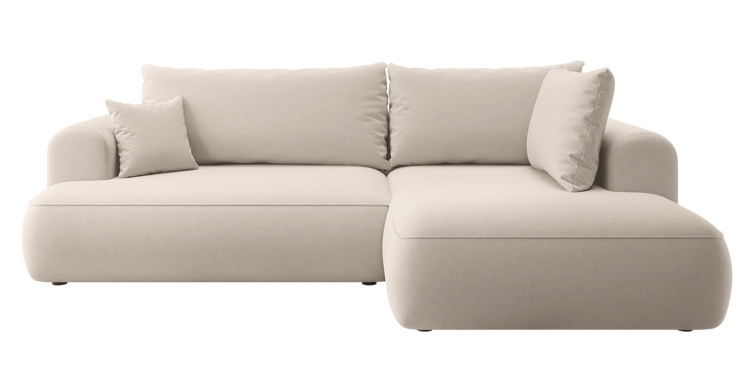 Ecksofa mit Schlaffunktion Ovo, L-förmig, mit Armlehne und Stauraum, hellbeiger, pflegeleichter Velours, rechtsseitig