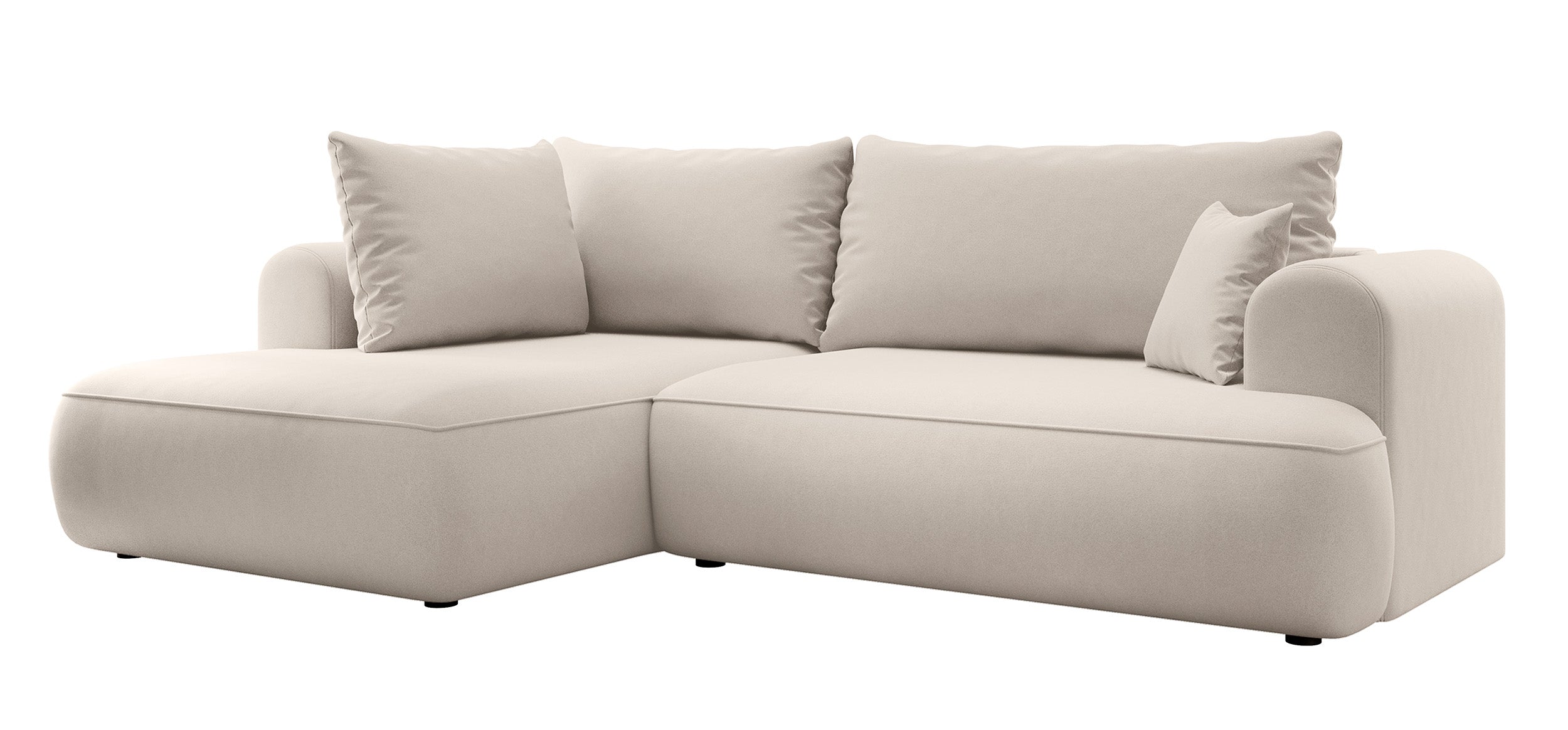 Ecksofa mit Schlaffunktion Ovo, L-förmig, mit Armlehne und Stauraum, hellbeiger, pflegeleichter Velours, linksseitig