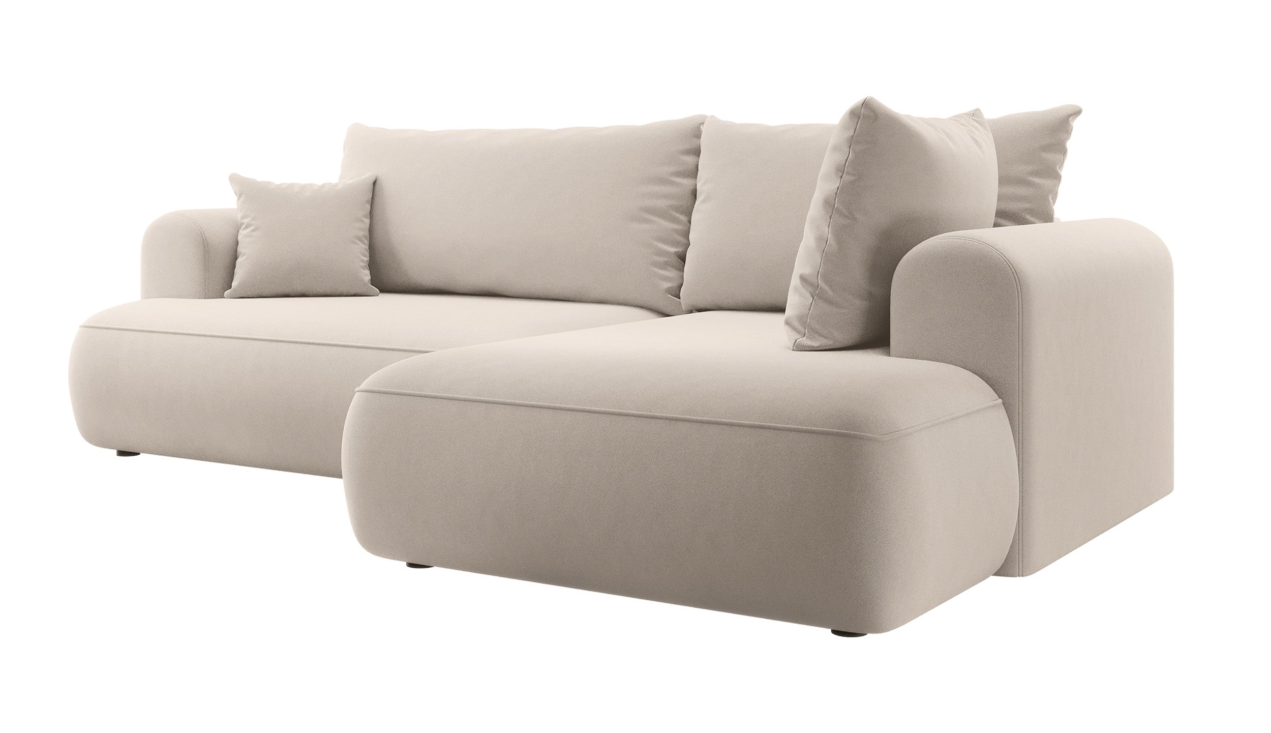 Ecksofa mit Schlaffunktion Ovo, L-förmig, mit Armlehne und Stauraum, hellbeiger, pflegeleichter Velours, rechtsseitig