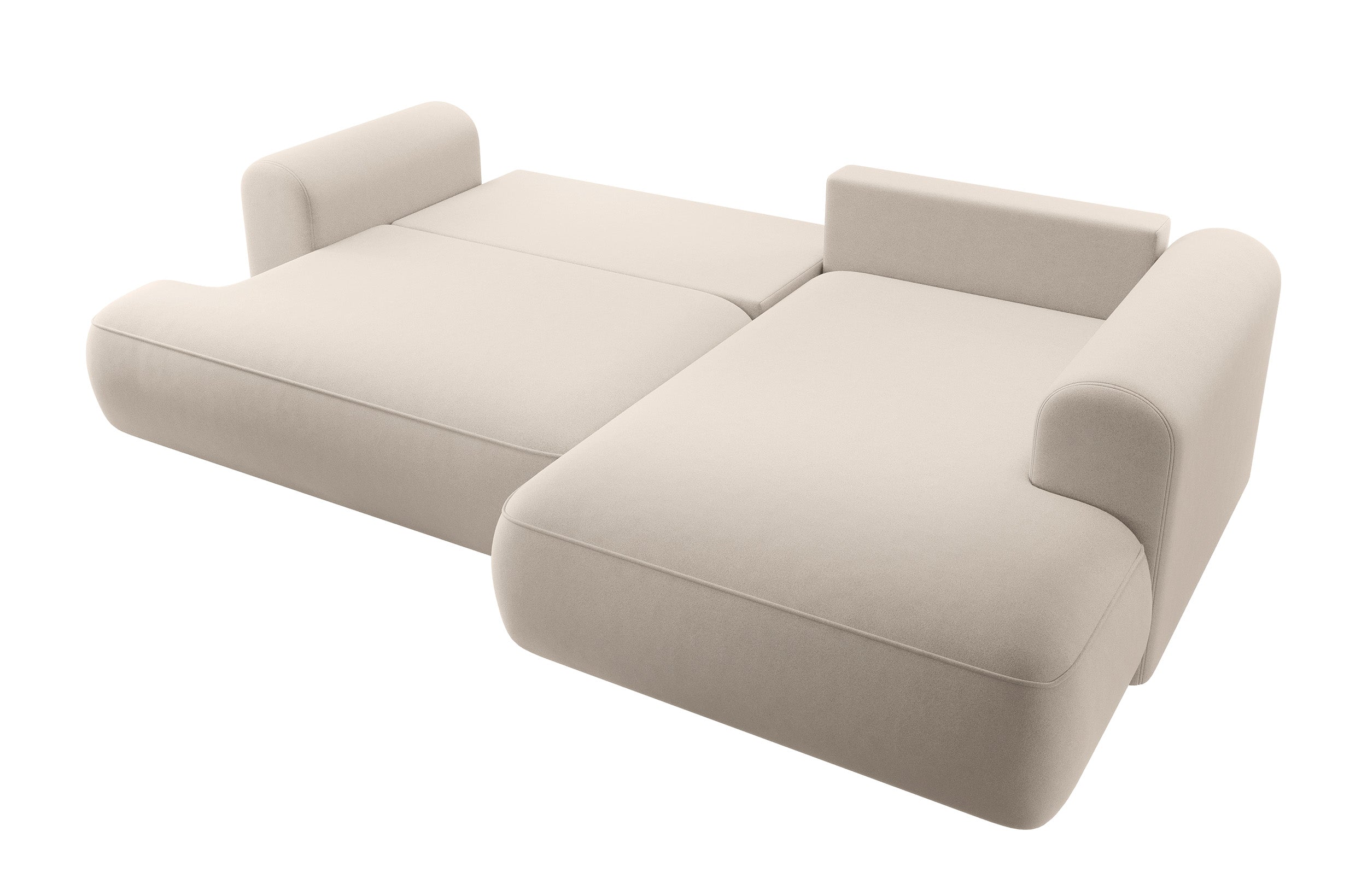 Ecksofa mit Schlaffunktion Ovo, L-förmig, mit Armlehne und Stauraum, hellbeiger, pflegeleichter Velours, rechtsseitig