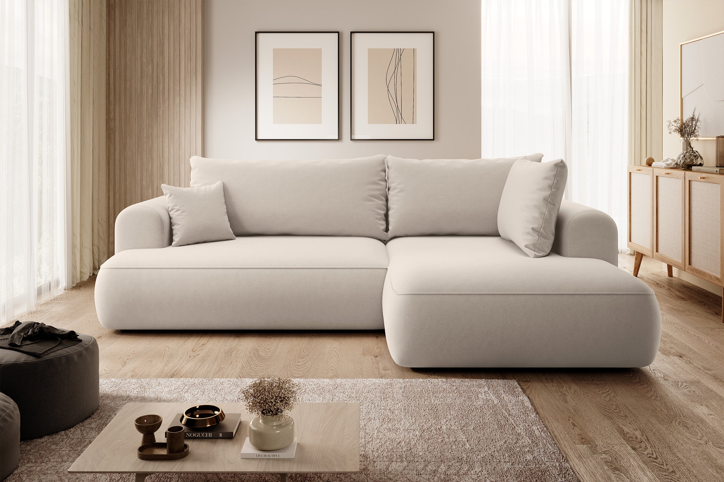 Ecksofa mit Schlaffunktion Ovo, L-förmig, mit Armlehne und Stauraum, hellbeiger, pflegeleichter Velours, rechtsseitig
