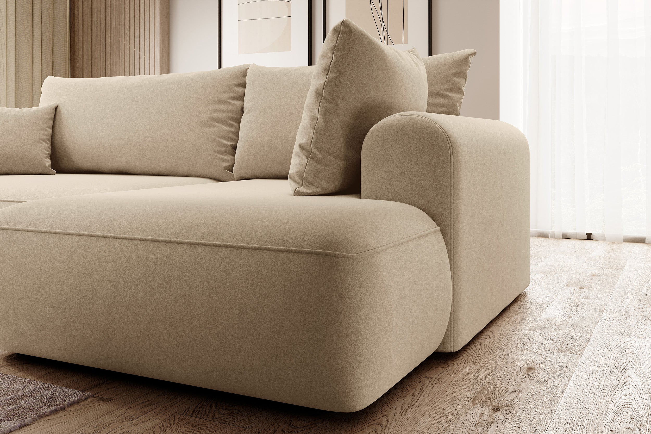 Ecksofa mit Schlaffunktion Ovo, L-förmig, mit Armlehne und Stauraum, beige Velours, pflegeleicht, rechtsseitig