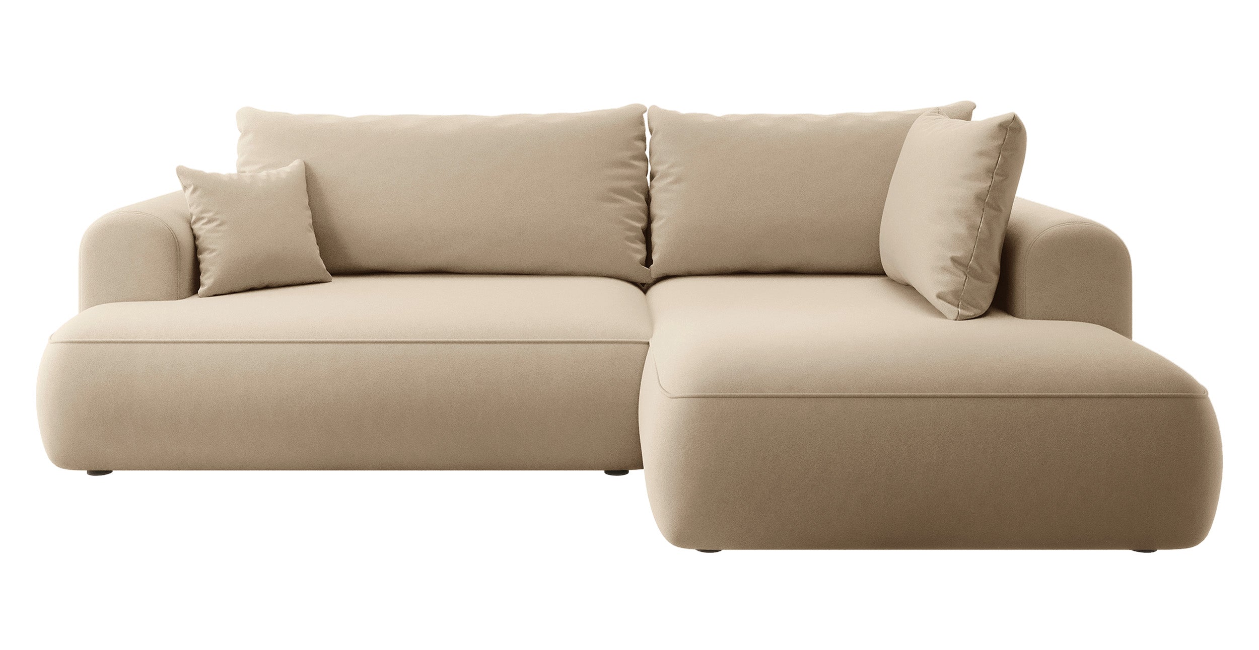 Ecksofa mit Schlaffunktion Ovo, L-förmig, mit Armlehne und Stauraum, beige Velours, pflegeleicht, rechtsseitig