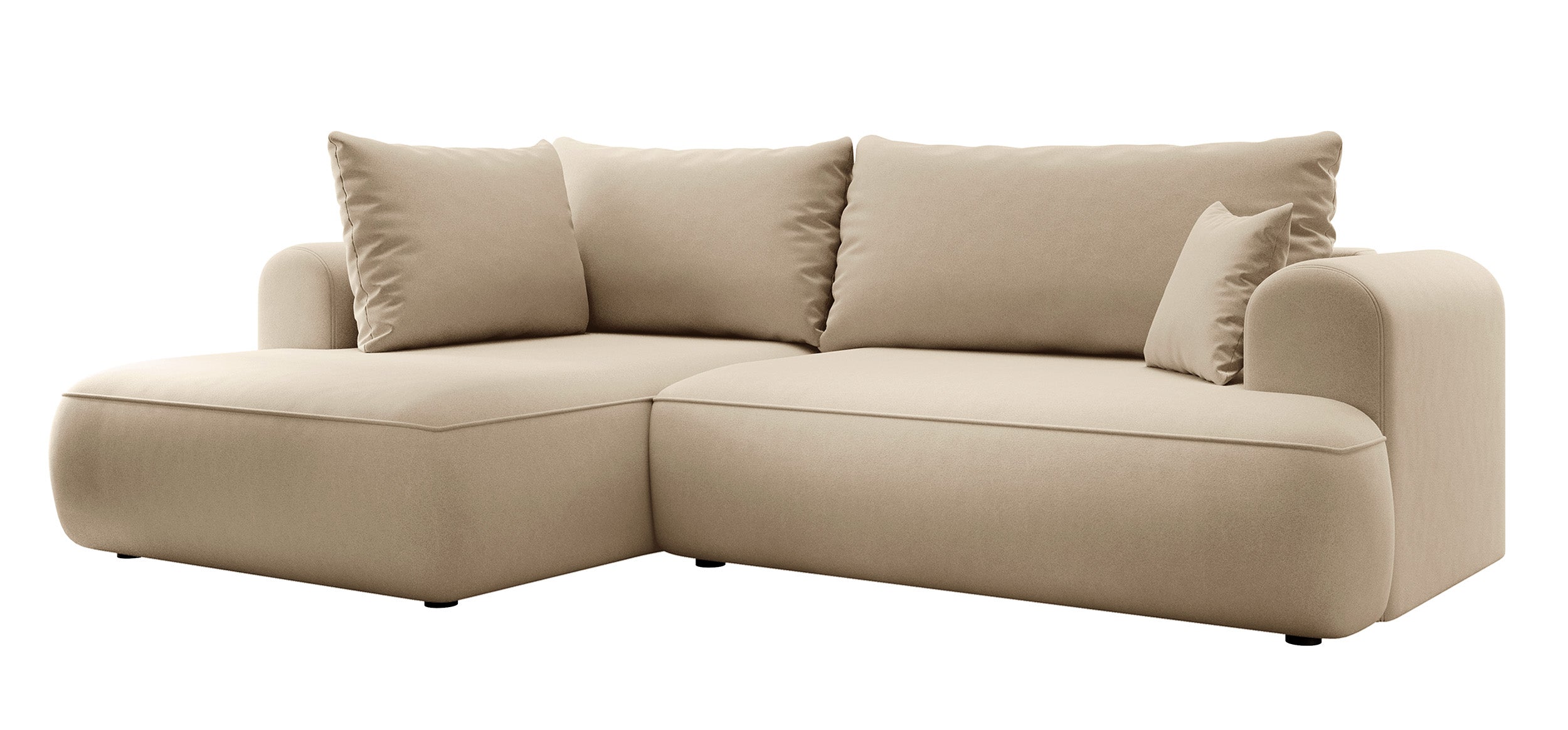 Ecksofa mit Schlaffunktion Ovo, L-förmig, mit Armlehne und Stauraum, beiger, pflegeleichter Samt, linksseitig