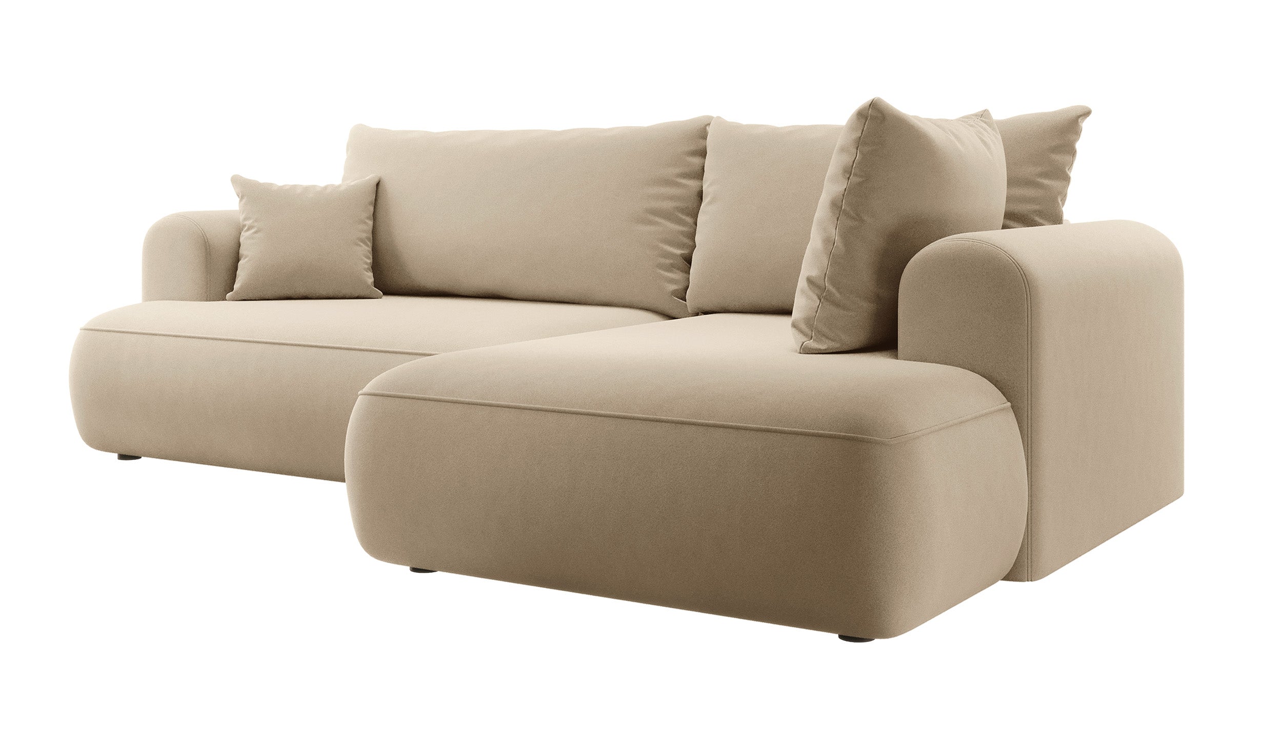 Ecksofa mit Schlaffunktion Ovo, L-förmig, mit Armlehne und Stauraum, beige Velours, pflegeleicht, rechtsseitig