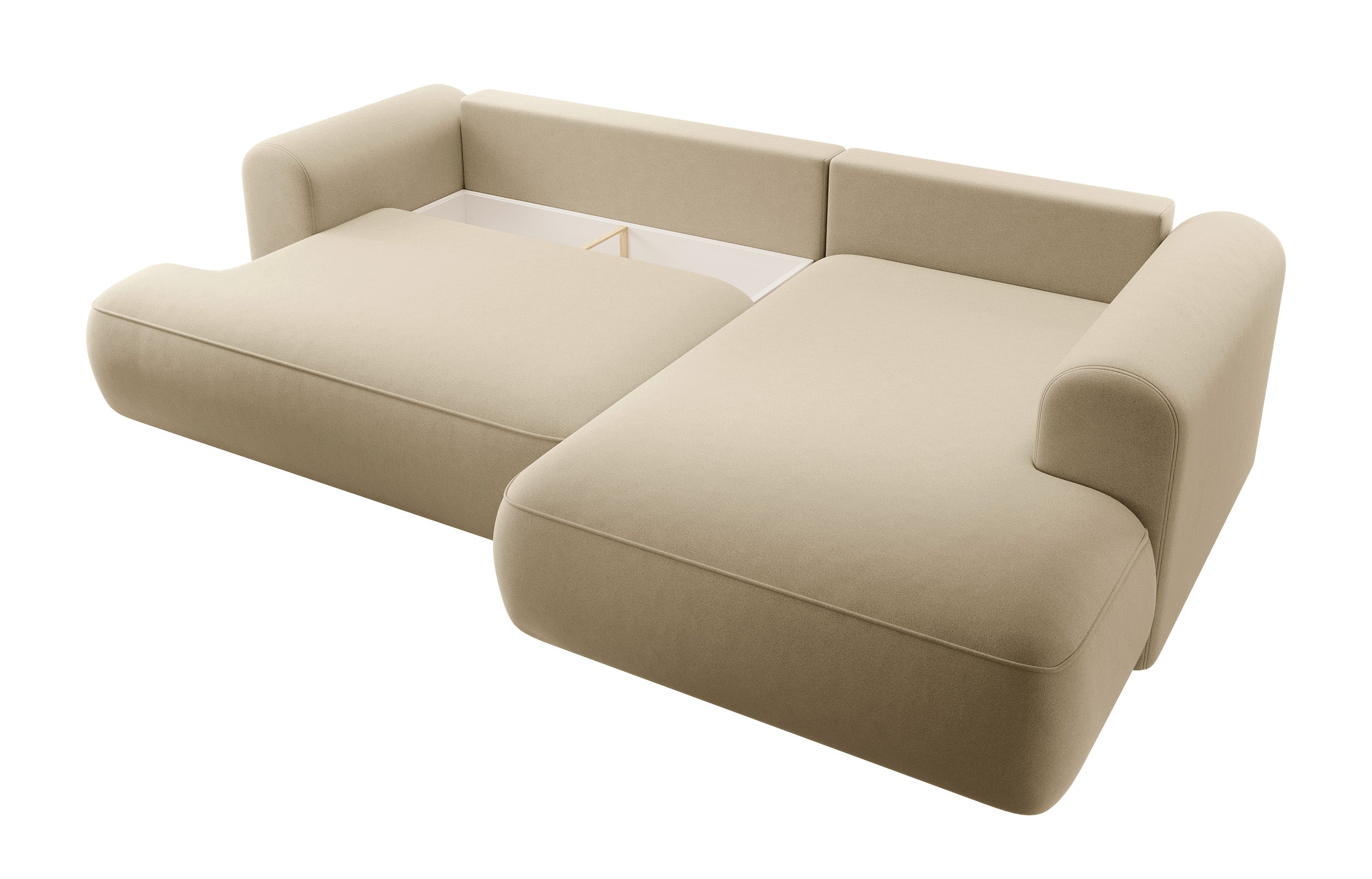 Ecksofa mit Schlaffunktion Ovo, L-förmig, mit Armlehne und Stauraum, beige Velours, pflegeleicht, rechtsseitig