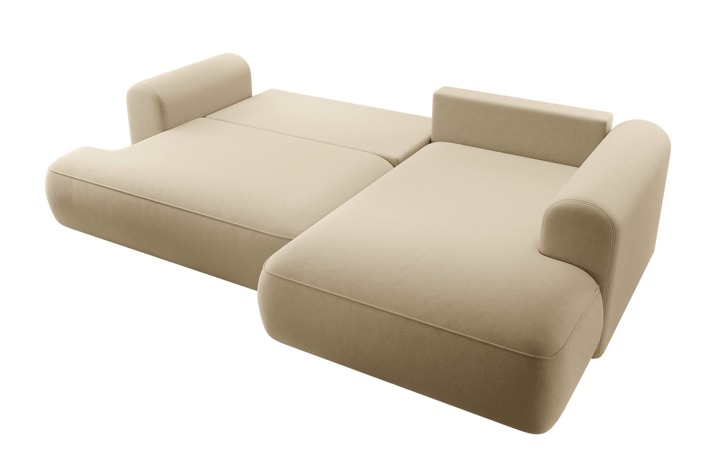 Ecksofa mit Schlaffunktion Ovo, L-förmig, mit Armlehne und Stauraum, beige Velours, pflegeleicht, rechtsseitig