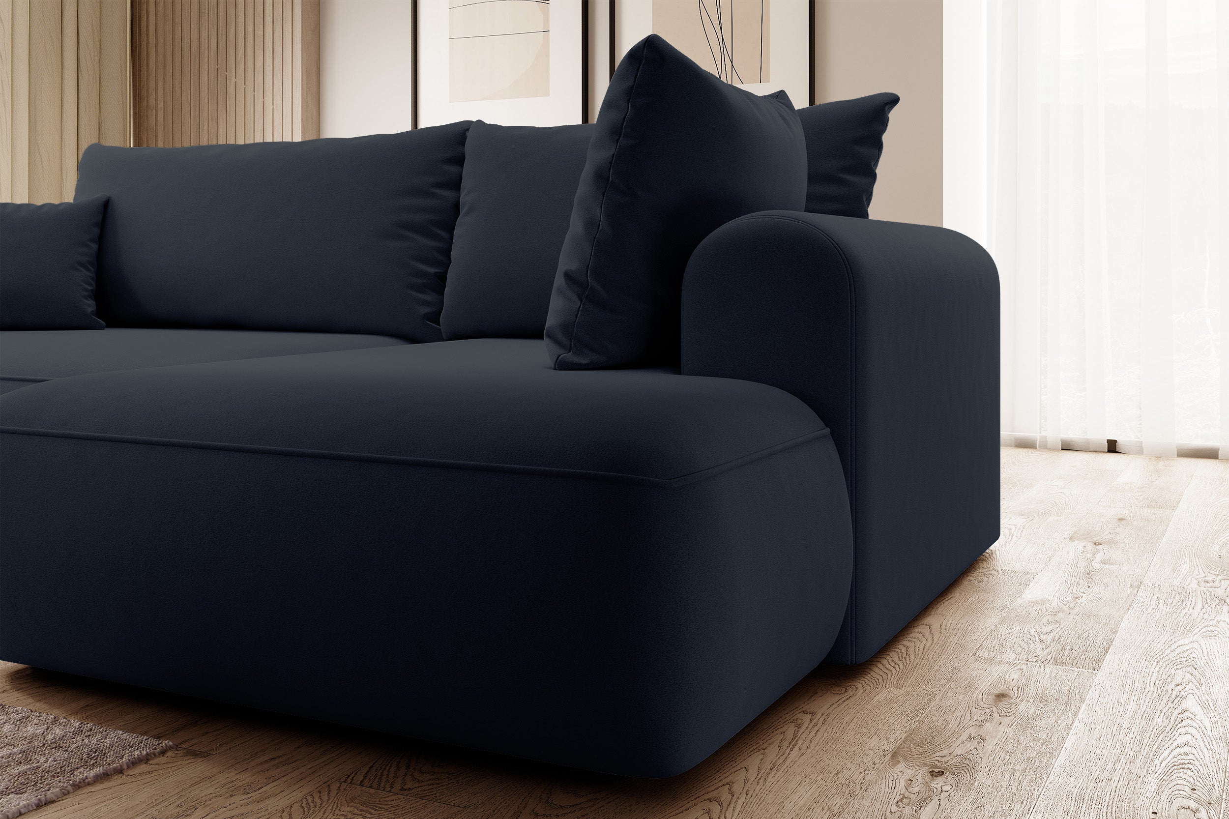 Ecksofa mit Schlaffunktion Ovo, L-förmig, mit Armlehne und Stauraum, marineblauer, leicht zu reinigender Samt, rechtsseitig