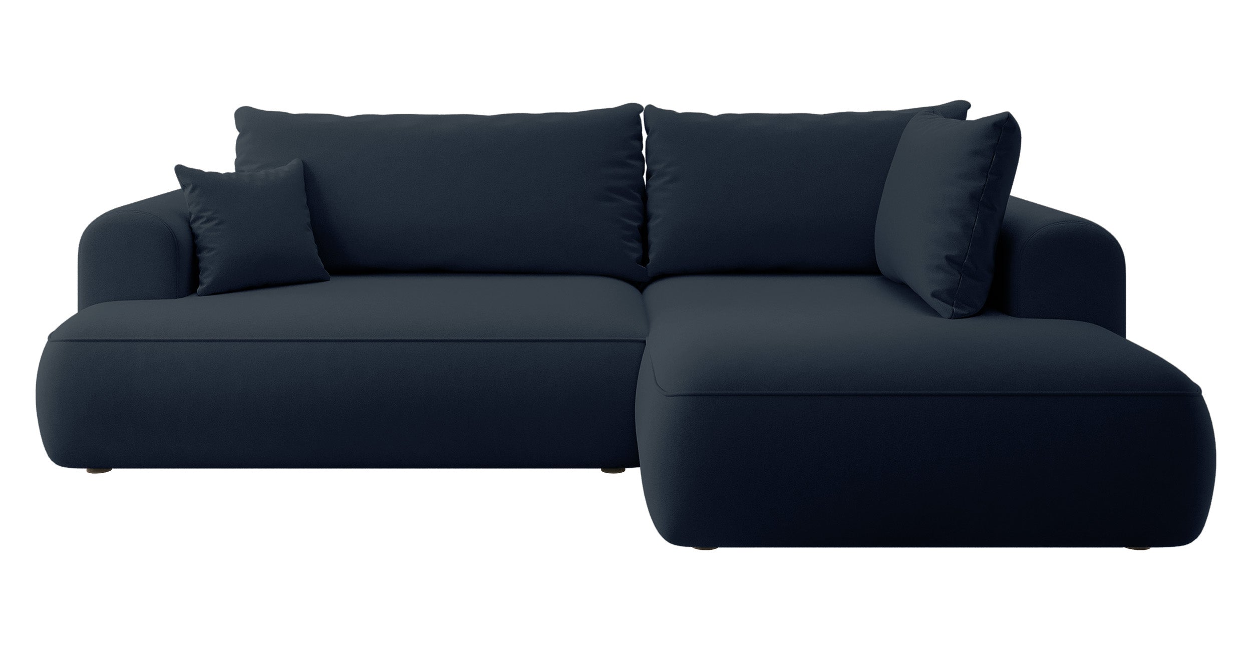Ecksofa mit Schlaffunktion Ovo, L-förmig, mit Armlehne und Stauraum, marineblauer, leicht zu reinigender Samt, rechtsseitig