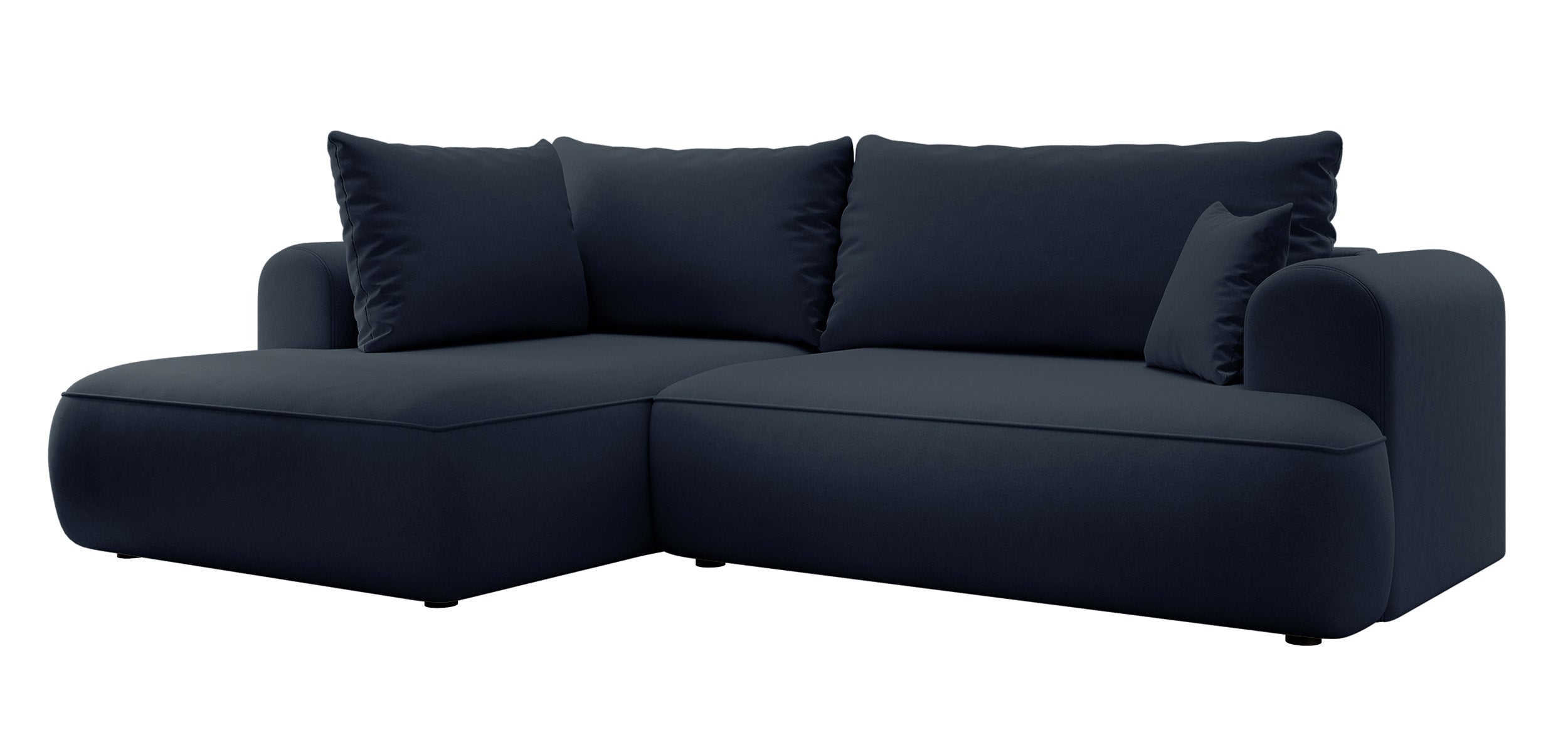 Ecksofa mit Schlaffunktion Ovo, L-förmig, mit Armlehne und Stauraum, marineblauer, leicht zu reinigender Samt, linksseitig