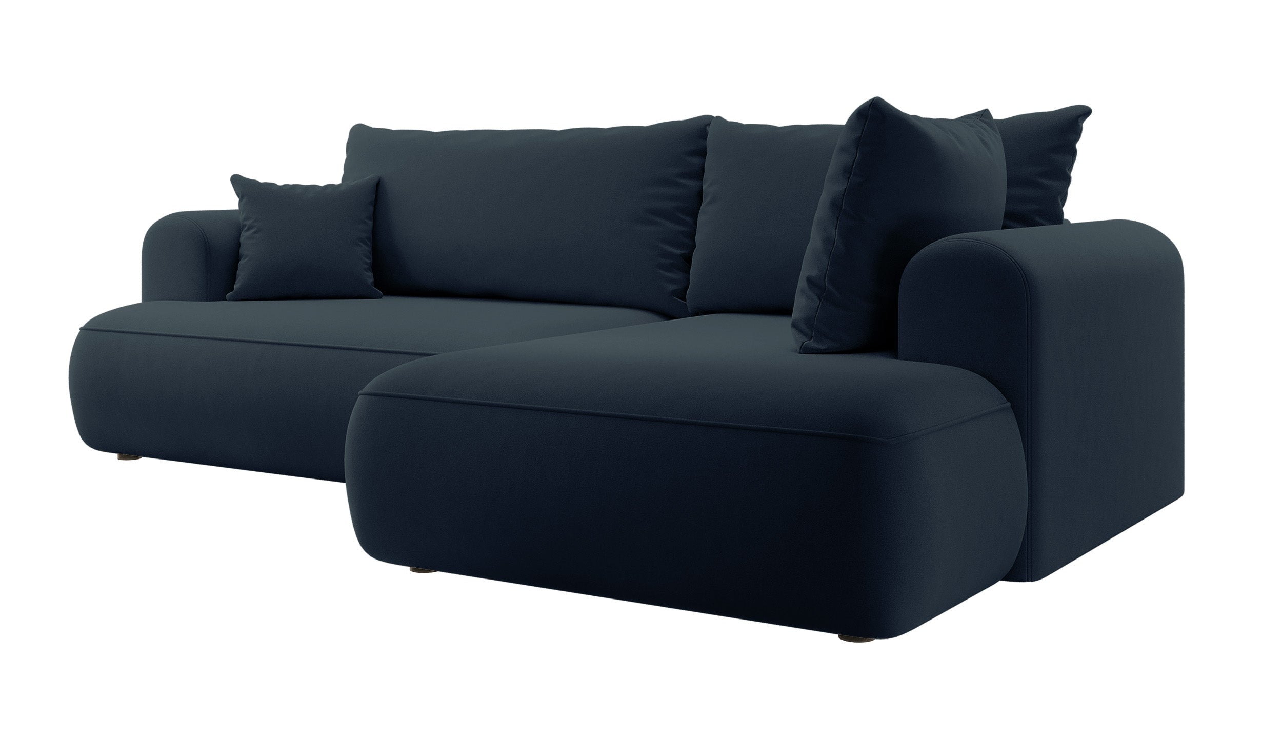 Ecksofa mit Schlaffunktion Ovo, L-förmig, mit Armlehne und Stauraum, marineblauer, leicht zu reinigender Samt, rechtsseitig