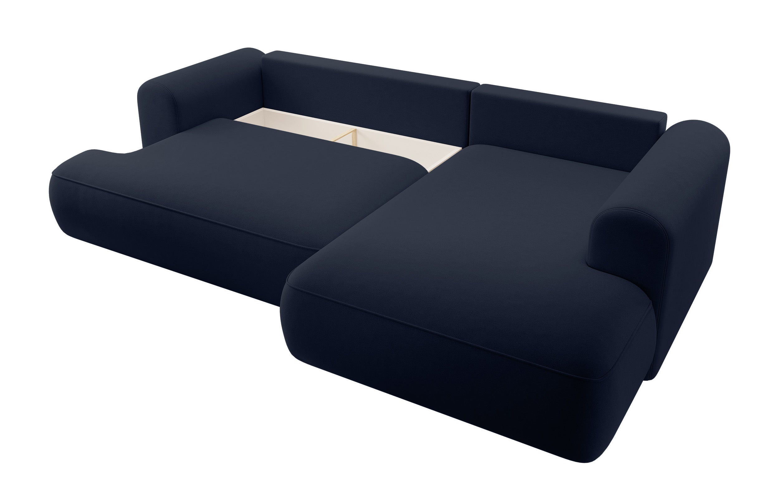 Ecksofa mit Schlaffunktion Ovo, L-förmig, mit Armlehne und Stauraum, marineblauer, leicht zu reinigender Samt, rechtsseitig