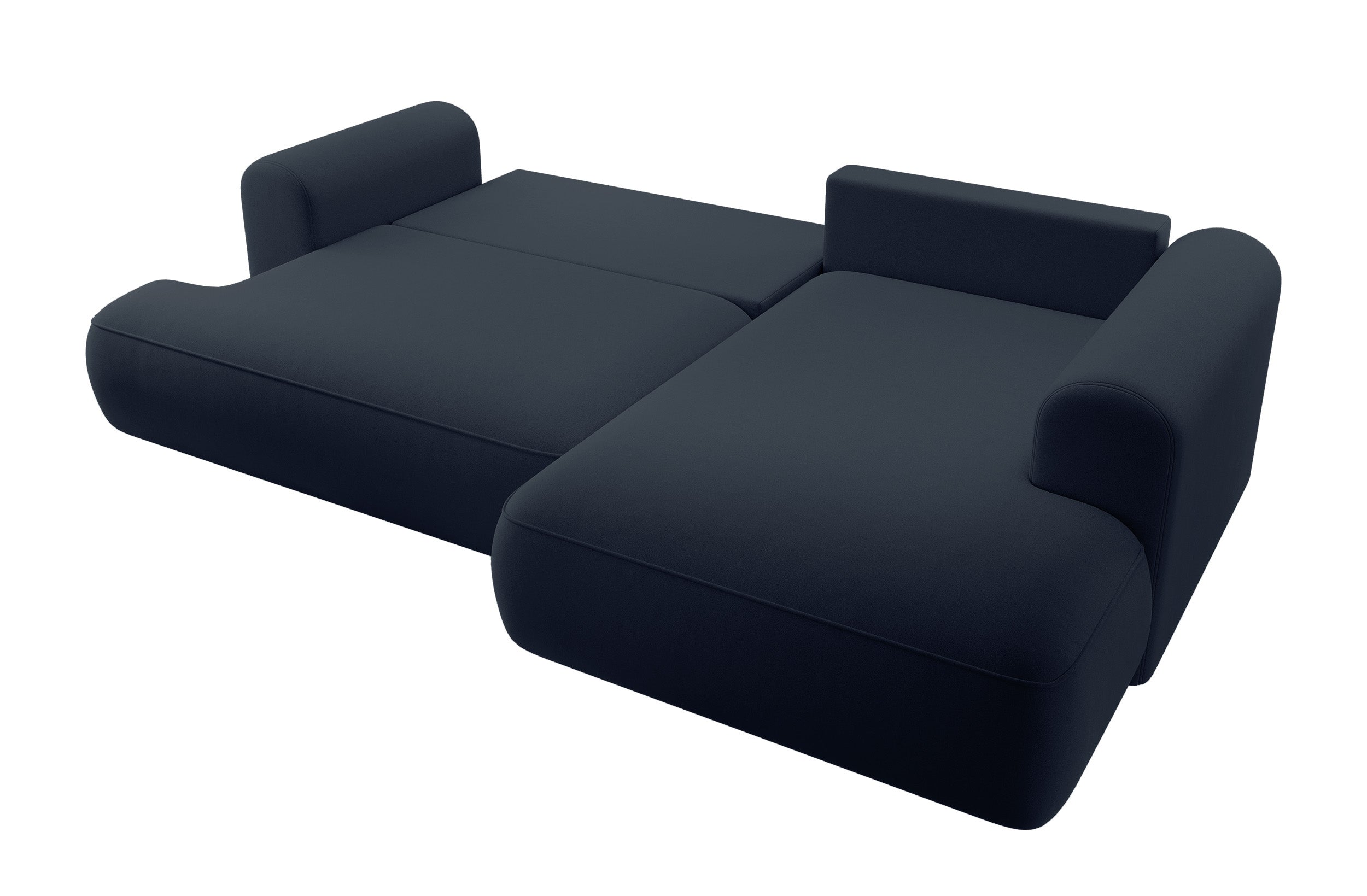 Ecksofa mit Schlaffunktion Ovo, L-förmig, mit Armlehne und Stauraum, marineblauer, leicht zu reinigender Samt, rechtsseitig