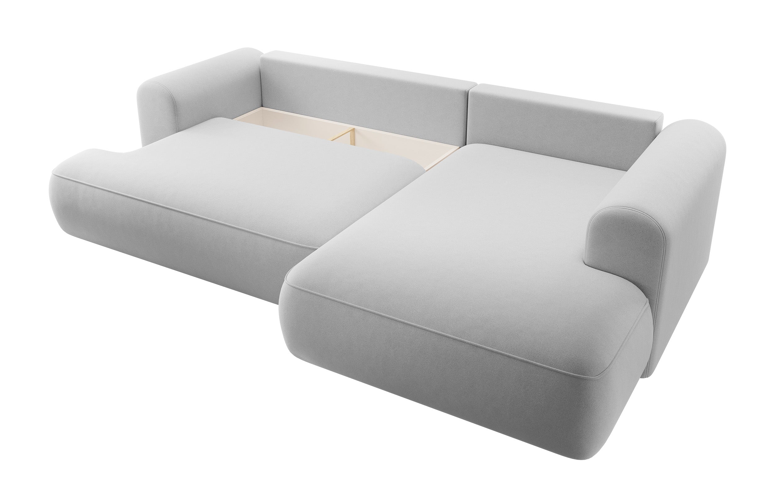 Ecksofa mit Schlaffunktion Ovo, L-förmig, mit Armlehne und Stauraum, grau, pflegeleichter Samt, rechtsseitig